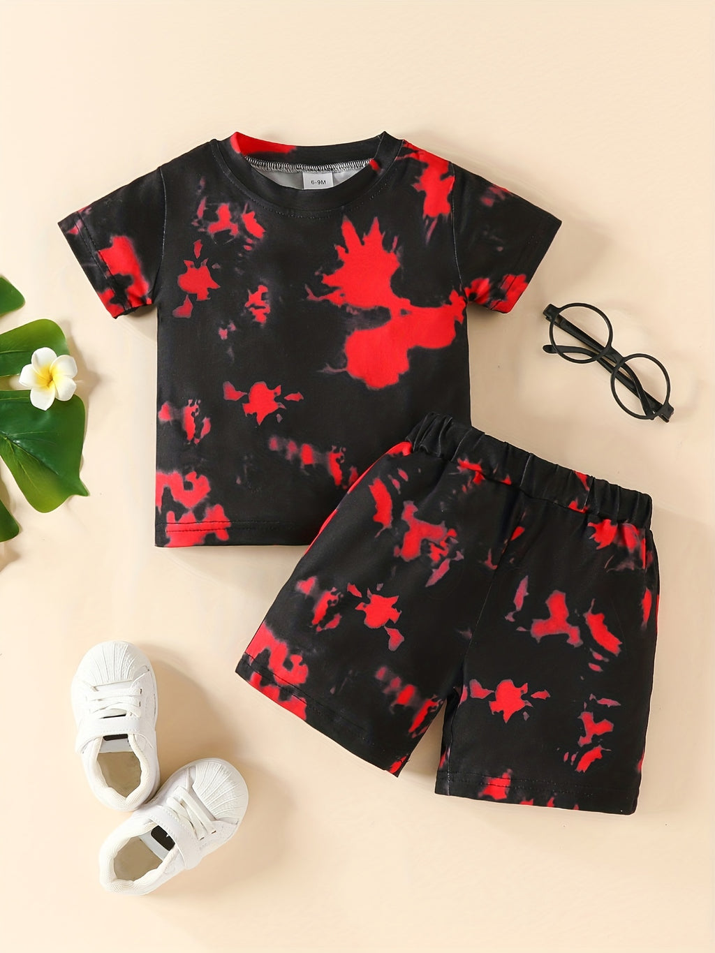 2pcs Boys And Girls Chic Tie Dye Round Neck T-shirt & Shorts Outdoor Set, Babies Toddlers Stretchy Comfy Trendy outdoor clothes