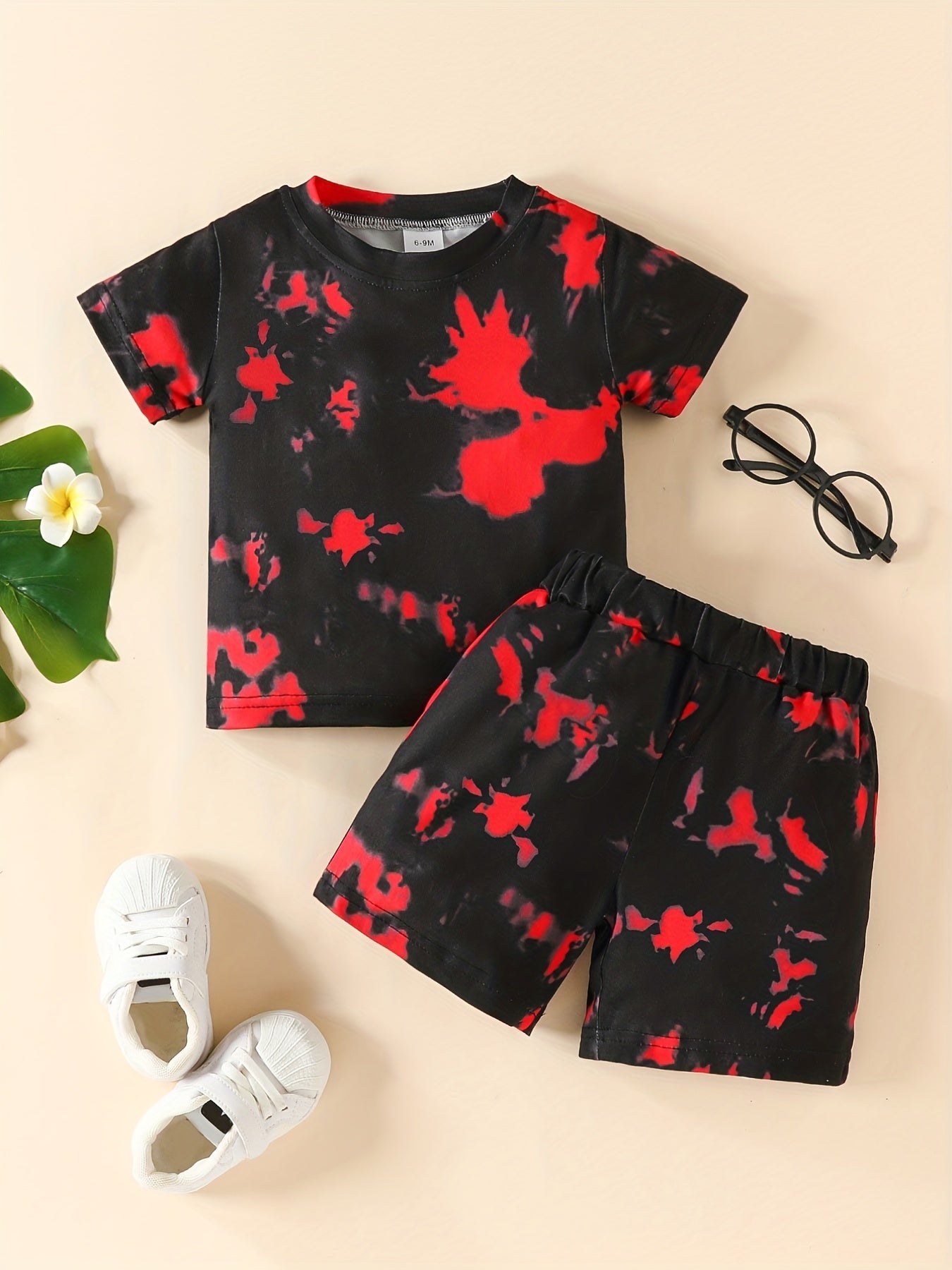 2pcs Boys And Girls Chic Tie Dye Round Neck T-shirt & Shorts Outdoor Set, Babies Toddlers Stretchy Comfy Trendy outdoor clothes