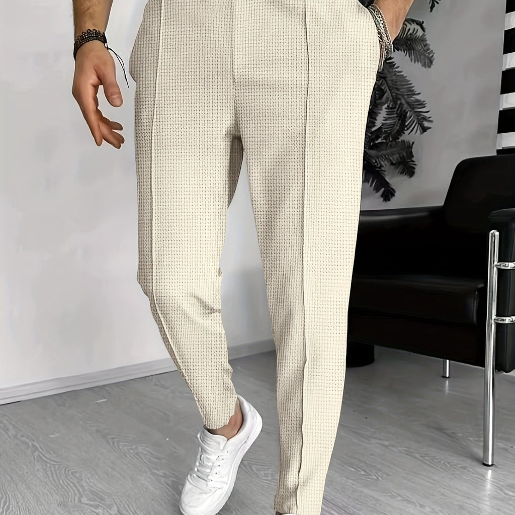 Mid Waist Solid Color Non-Stretch Polyester Casual Joggers - Drawstring Tapered Fit, Machine Washable, Perfect for Spring and Fall Running and Jogging - Mens Regular Fit Waffle Pattern Pants