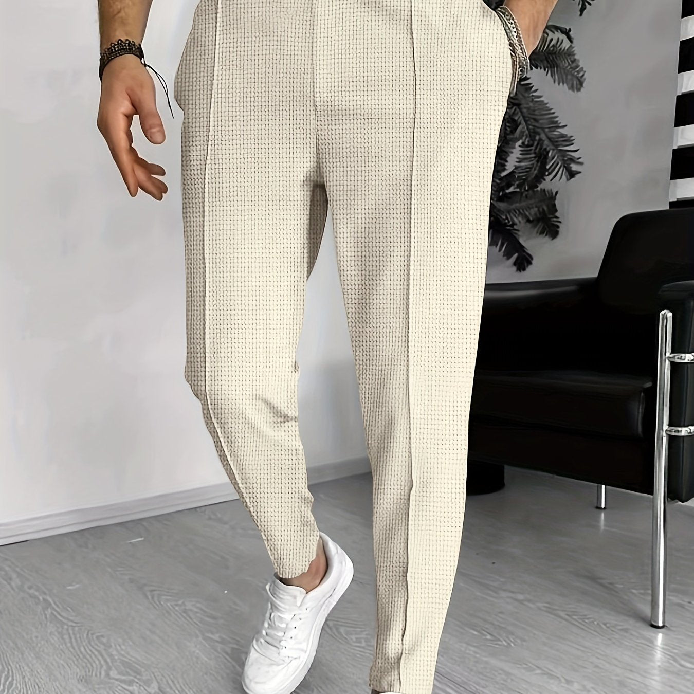 Mid Waist Solid Color Non-Stretch Polyester Casual Joggers - Drawstring Tapered Fit, Machine Washable, Perfect for Spring and Fall Running and Jogging - Mens Regular Fit Waffle Pattern Pants