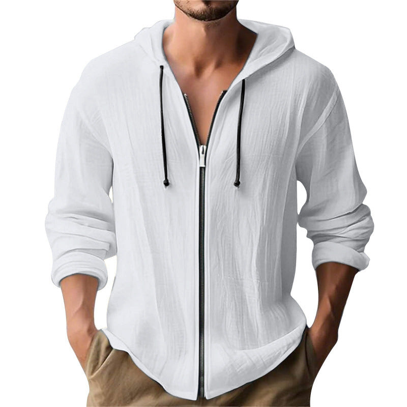 Digital-print Solid-color Linen Hooded Long-sleeve