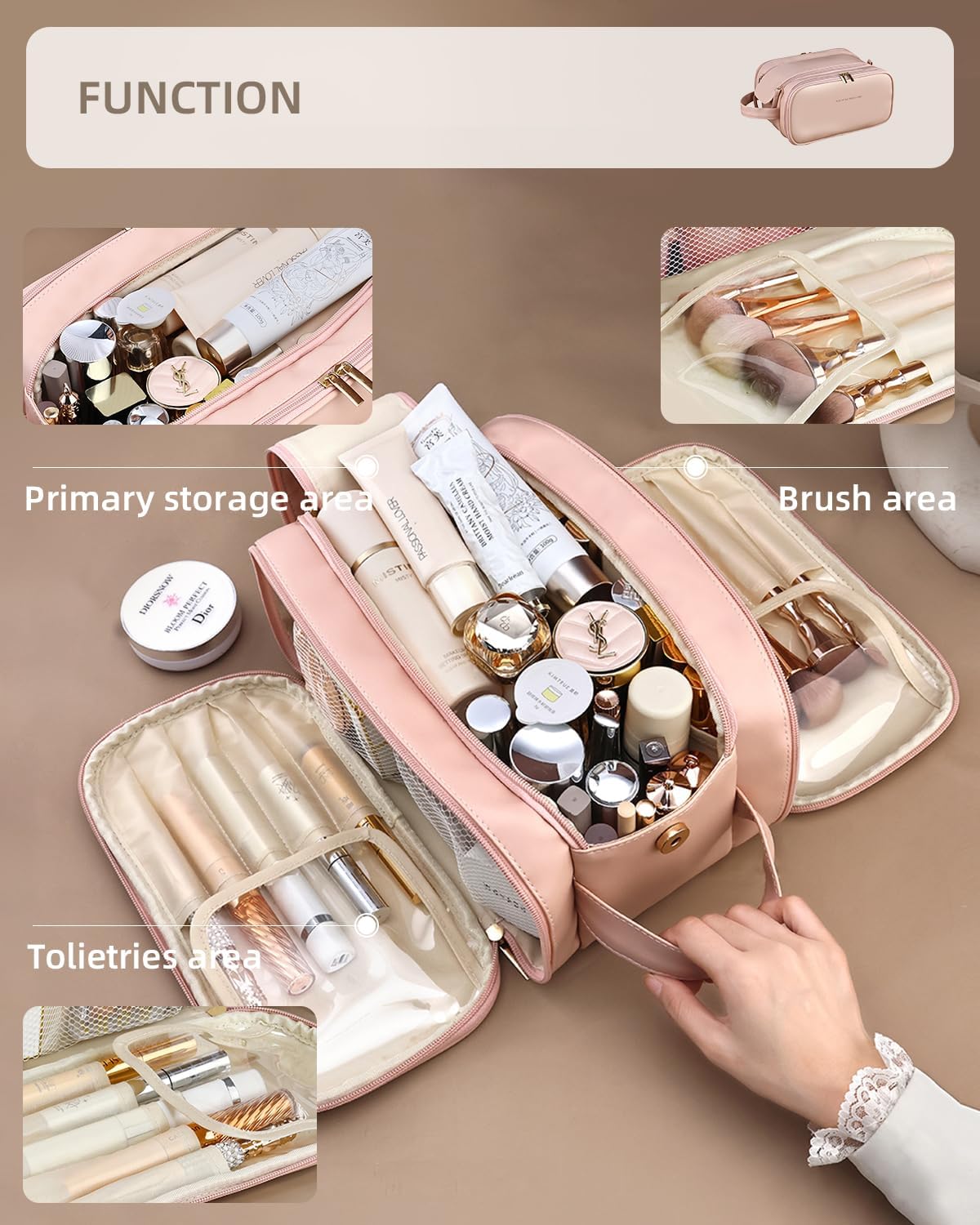 Travel Makeup Bag For Women, Large Capacity Cosmetic Organizer With Wide Opening, Waterproof Portable Toiletry Storage Bag For Easy Access