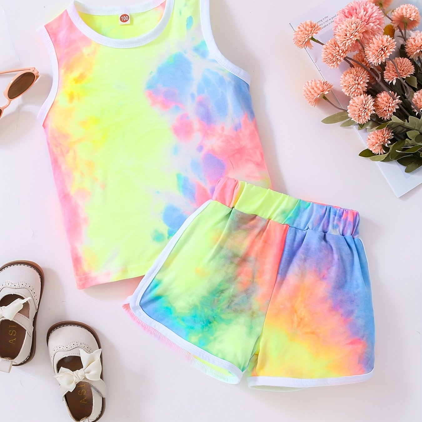 2pcs Toddler Girls Rainbow Tie Dye Tank Top & Elastic Waist Contrast Binding Track Shorts Set Kids Summer Clothes