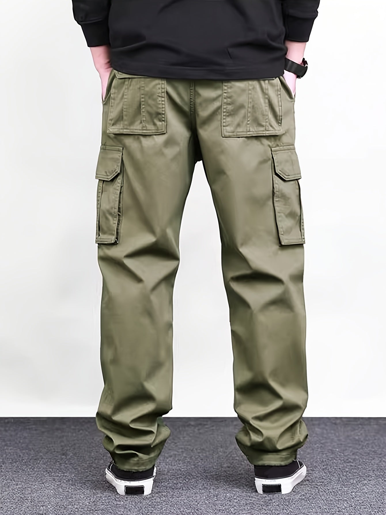 Mens Classic Solid Color Cargo Pants - Multiple Flap Pockets, Straight-Leg, Drawstring Elastic Waist, Loose Fit for Ultimate Comfort - Perfect for Hiking, Fishing, Streetwear, Outdoor Camping, Weekend Casual Style, All-Season