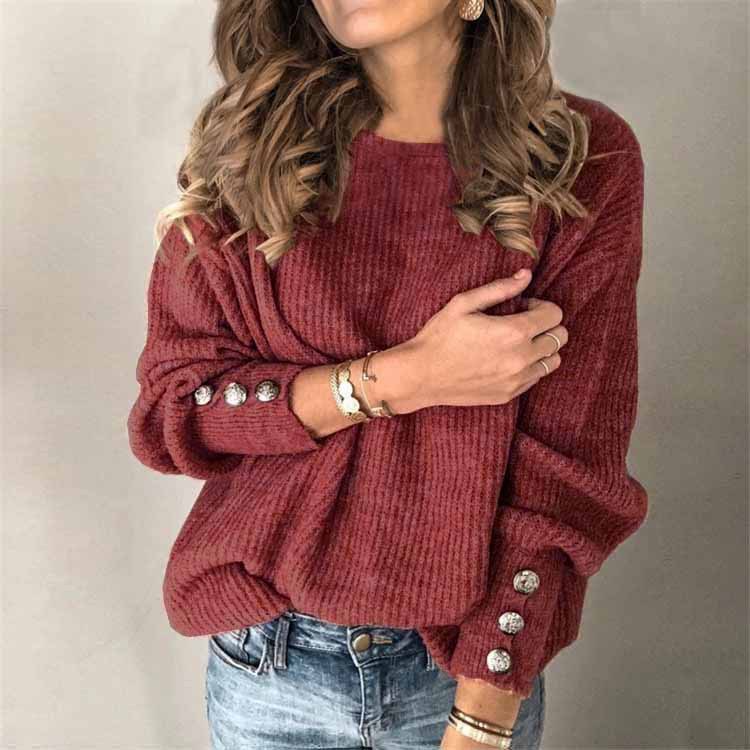 Long Sleeve Round Neck Button Knit T-shirt 