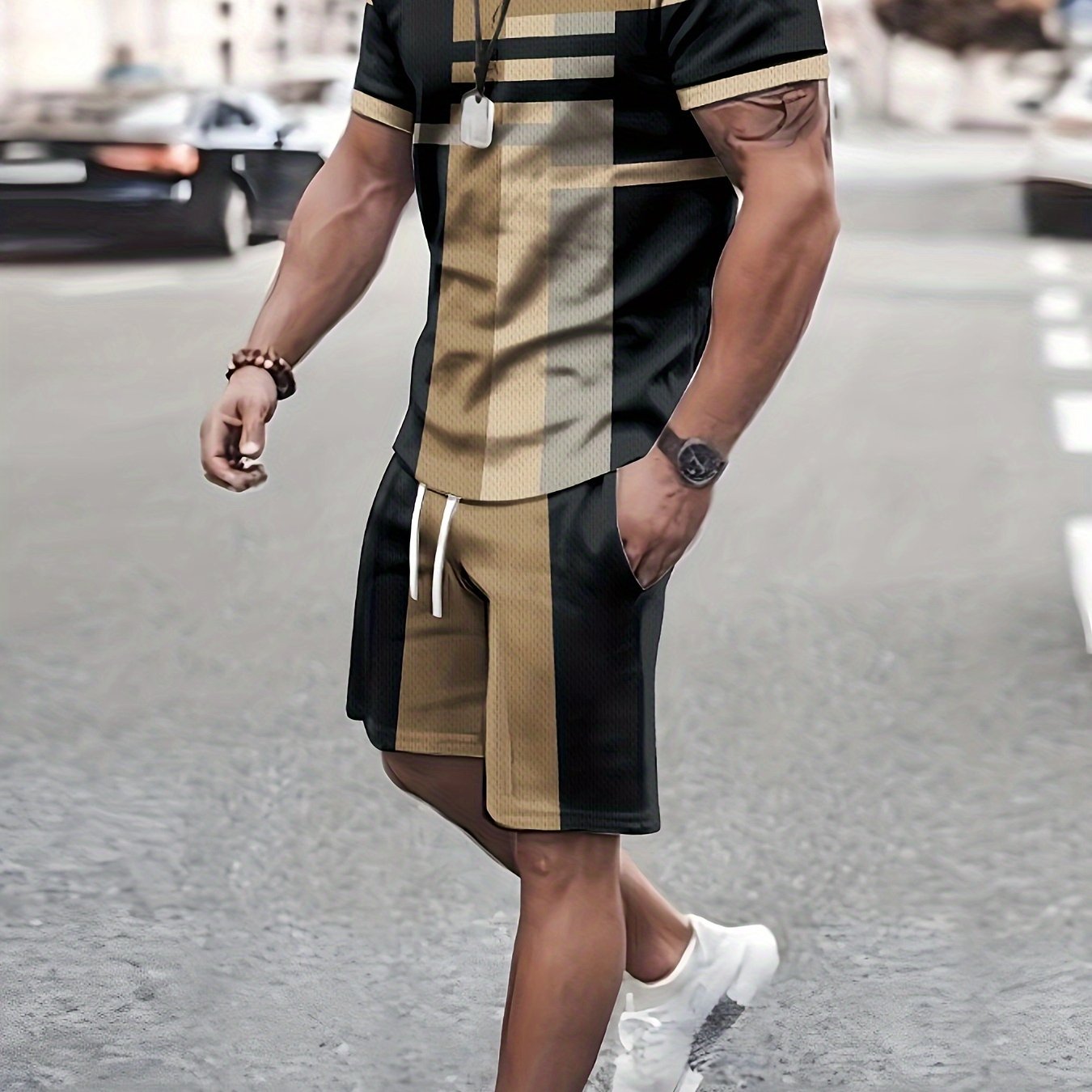 2-Piece Mens Casual Co-ord Set - Color Block Pattern Crew Neck Short Sleeve T-Shirt and Drawstring Shorts with Pockets - Machine Washable, Slight Stretch, Trendy and Chic for Summer Street and Workout Wear