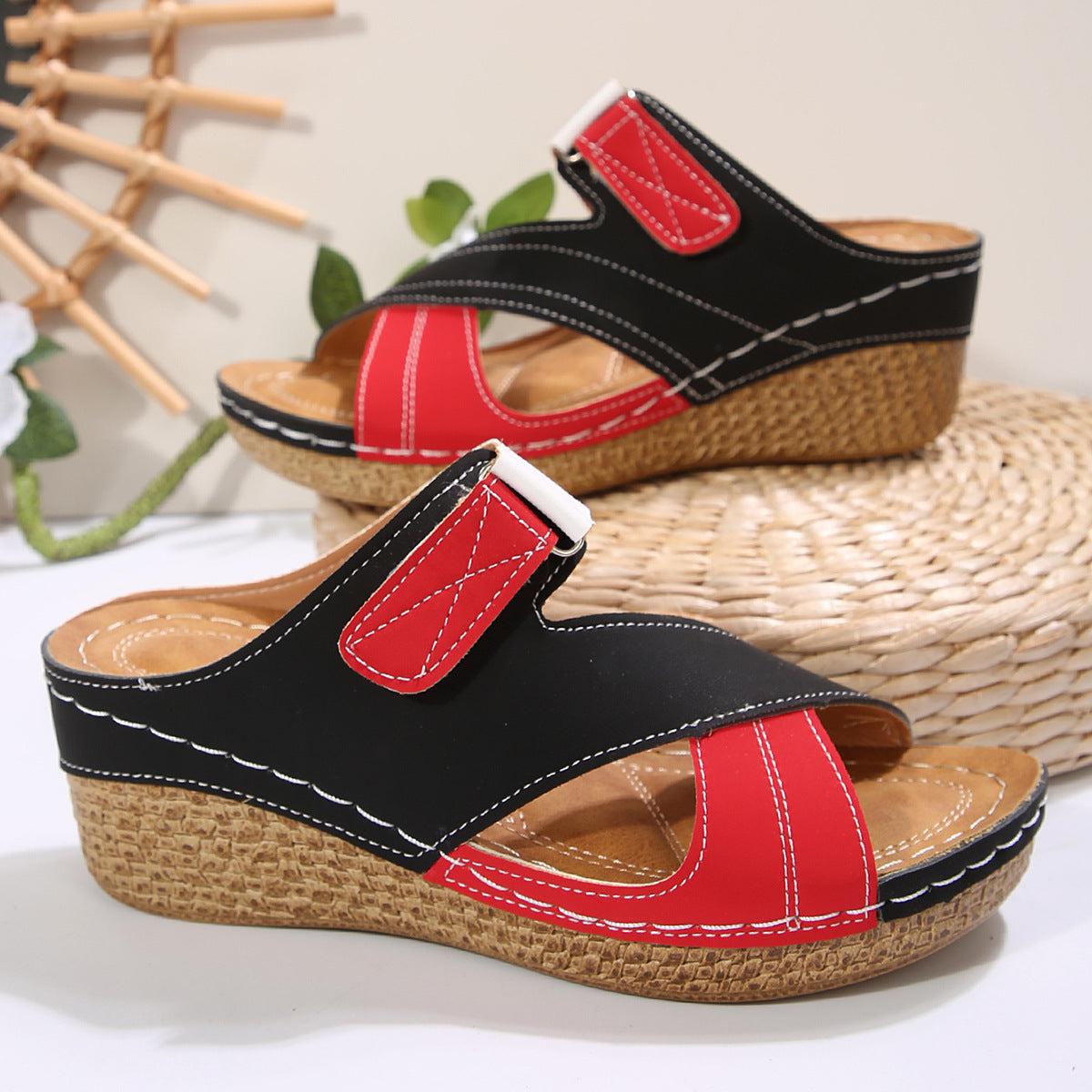 Sewing Line Lightweight Wedge Velcro Multicolor Shoes 