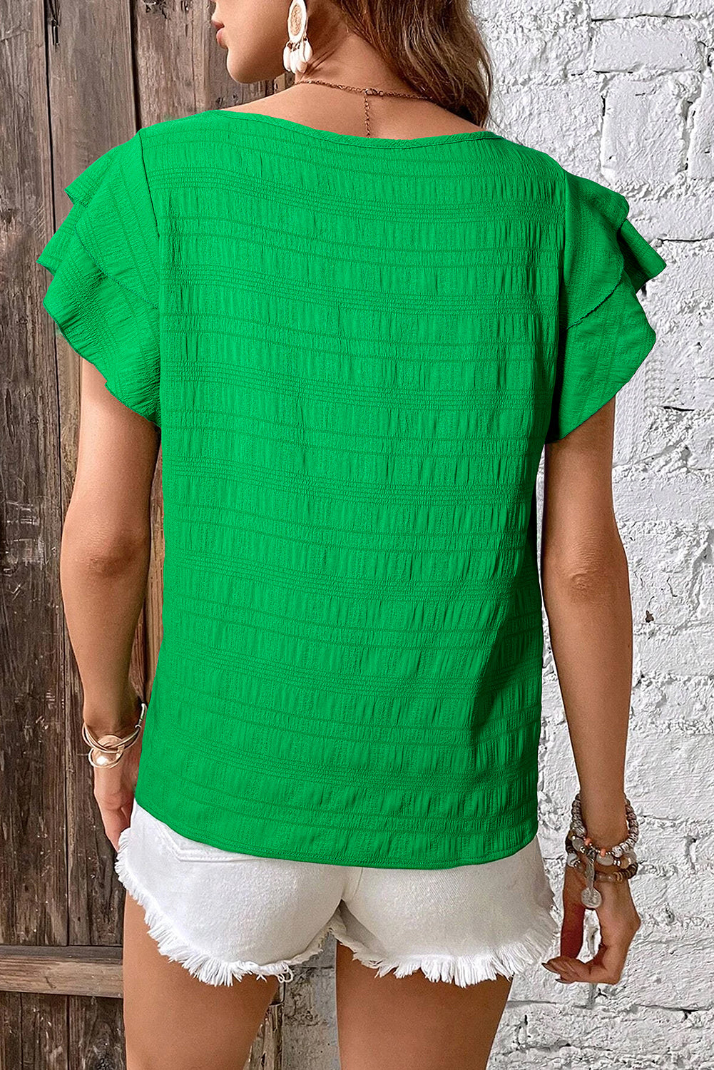 Dark Green Ruffle Sleeve Textured Smocked Blouse 