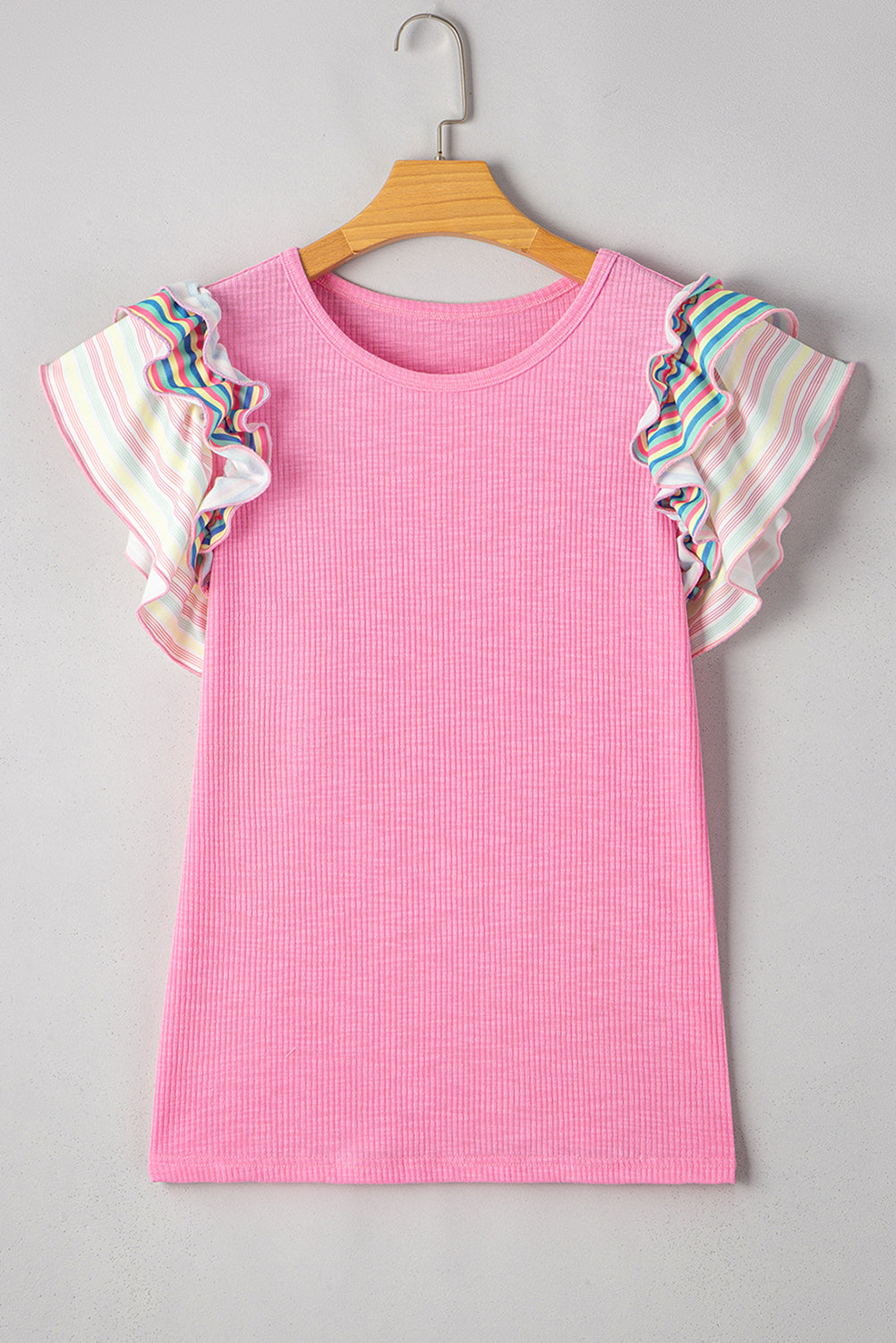 Bonbon Striped Ruffle Flutter Sleeve Ribbed Blouse 
