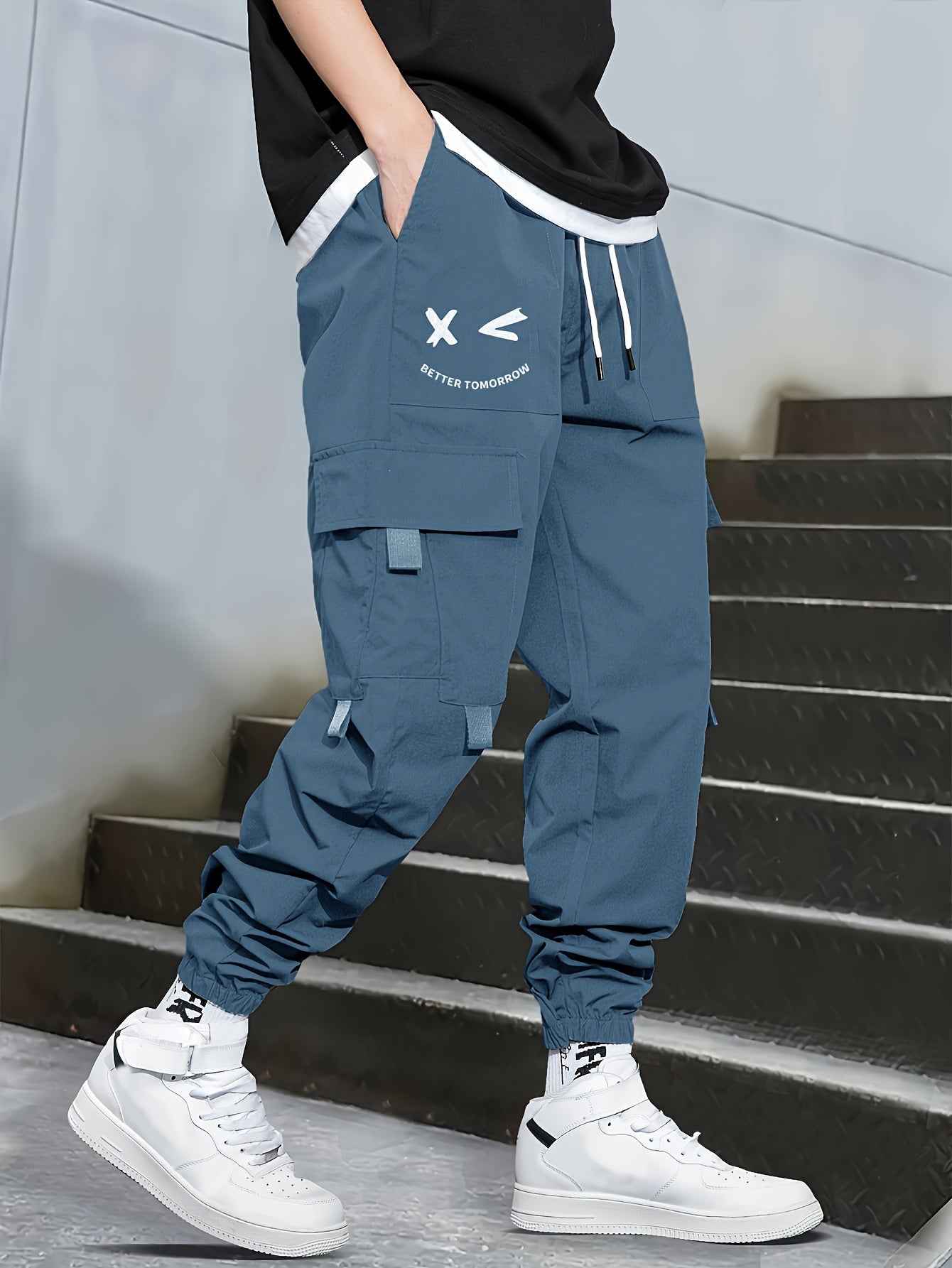 Mens Fashion-Forward Solid Cargo Pants - Abundant Flap Pockets, Loose Fit Drawstring Trousers - Durable Outdoor Work to Streetwear Hip Hop Style