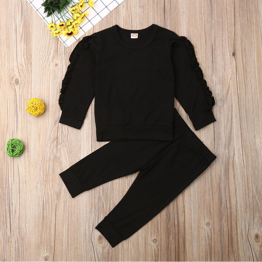Newborn Baby Boys Girls Ruffles Jumper Solid Long Sleeve Sweatshirt Tops Pants Infant Kids 2Pcs Outfits Clothes Set Fall Clothes 