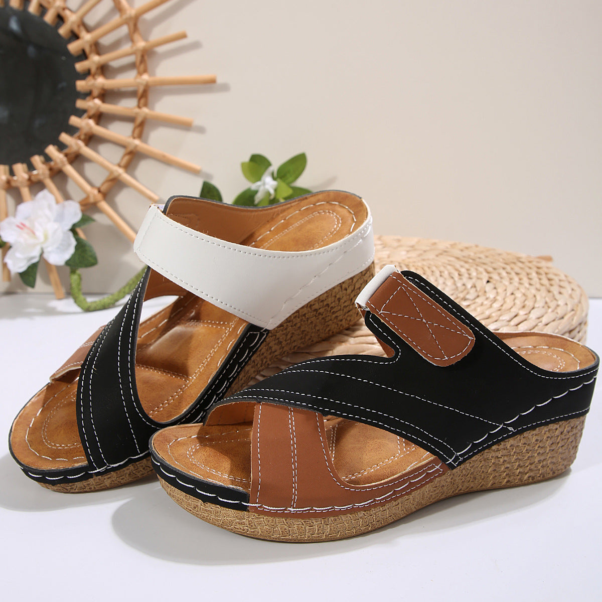 Sewing Line Lightweight Wedge Velcro Multicolor Shoes 