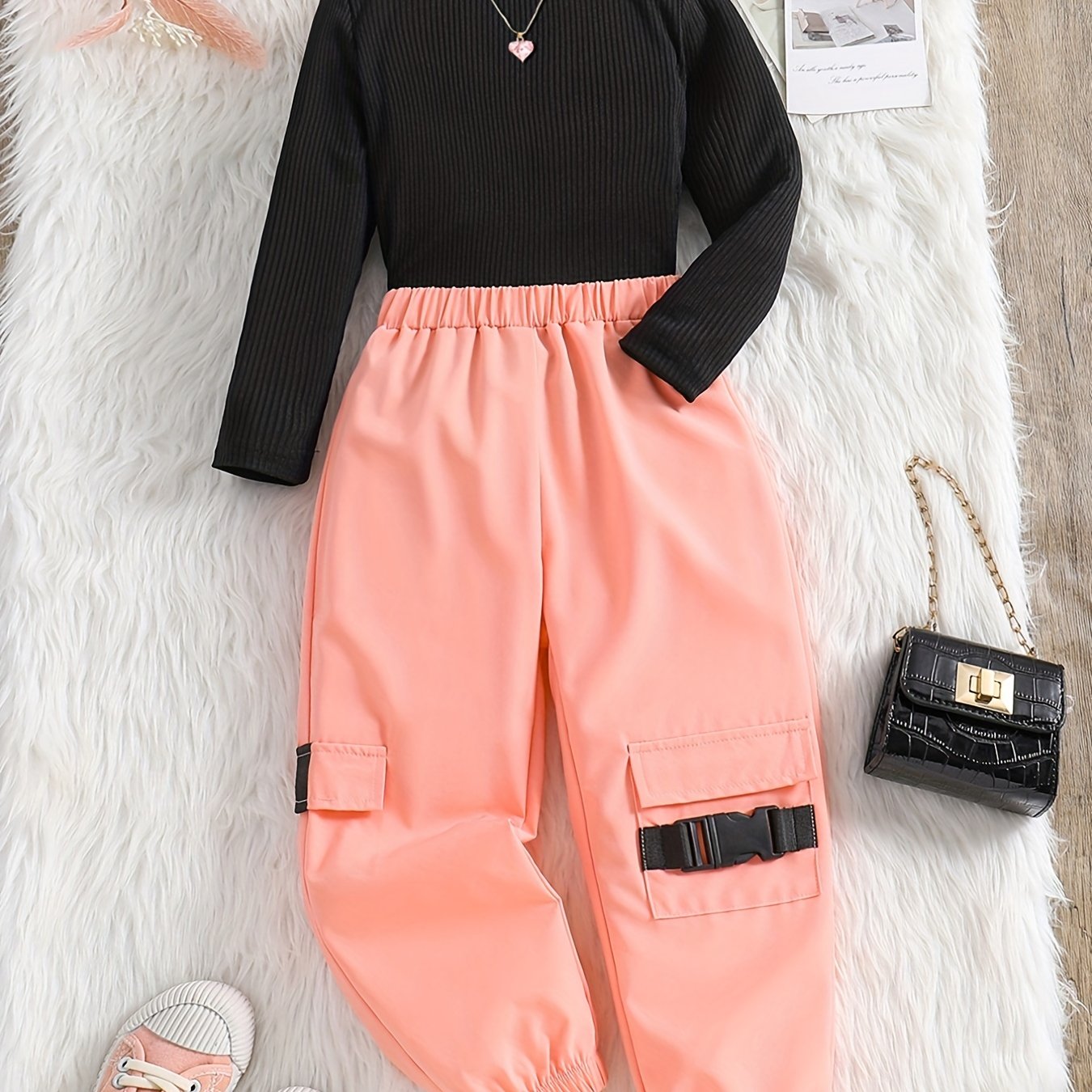 2pcs Girl's Cargo Pants Outfit, Ribbed Long Sleeve Top & Trendy Cargo Pants Set, Toddler Kid's Clothes For Spring Fall