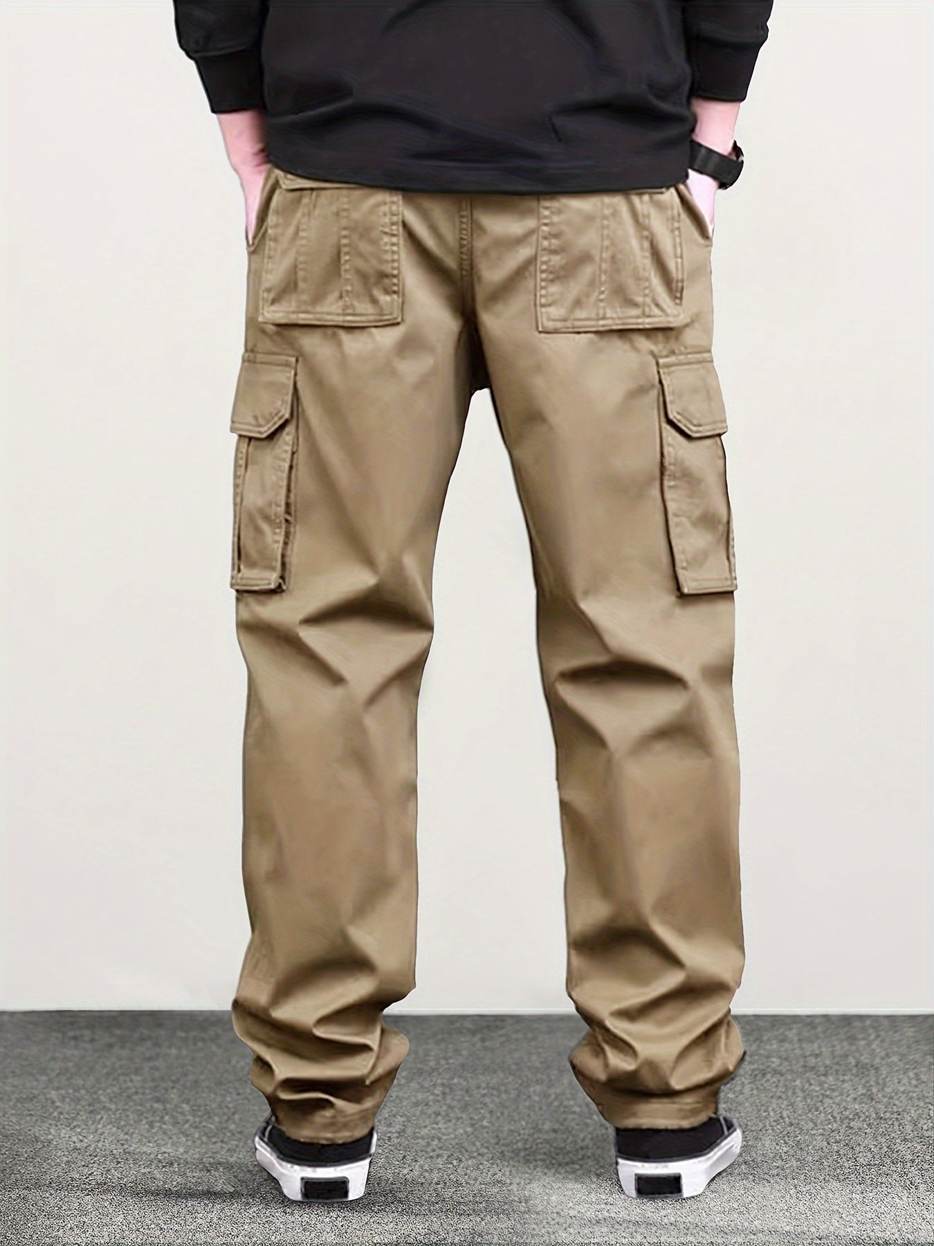 Mens Classic Solid Color Cargo Pants - Multiple Flap Pockets, Straight-Leg, Drawstring Elastic Waist, Loose Fit for Ultimate Comfort - Perfect for Hiking, Fishing, Streetwear, Outdoor Camping, Weekend Casual Style, All-Season