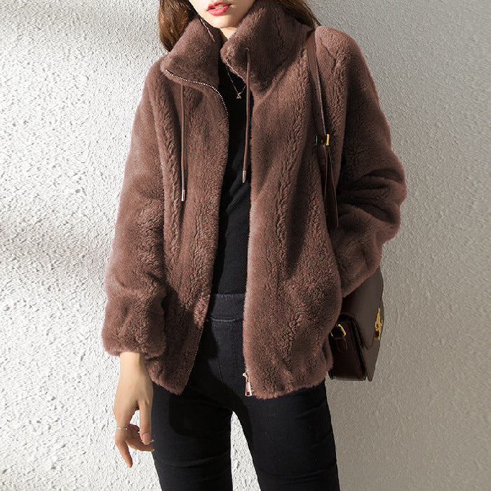 Double Faced Fleece Warm High Neck Sweater Women Cardigan 