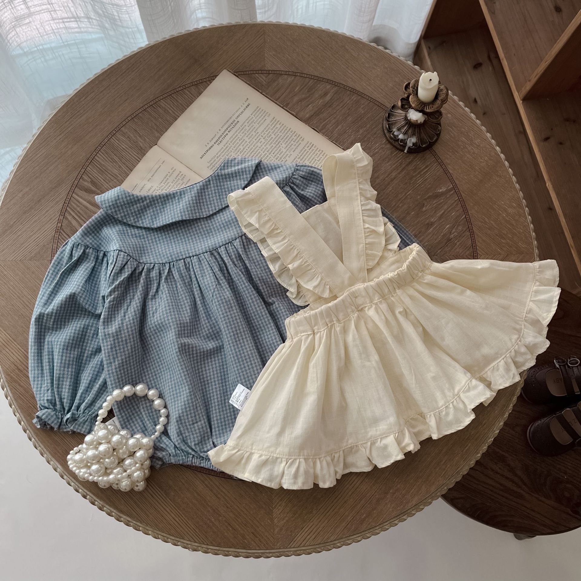 Infant Single-breasted Long Sleeve Small Plaid Romper Sling Small Overskirt 