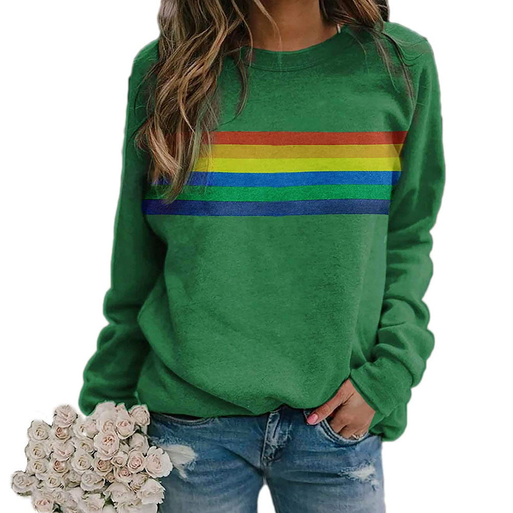 Color Striped Print Round Neck Pullover Long Sleeve Sweater 