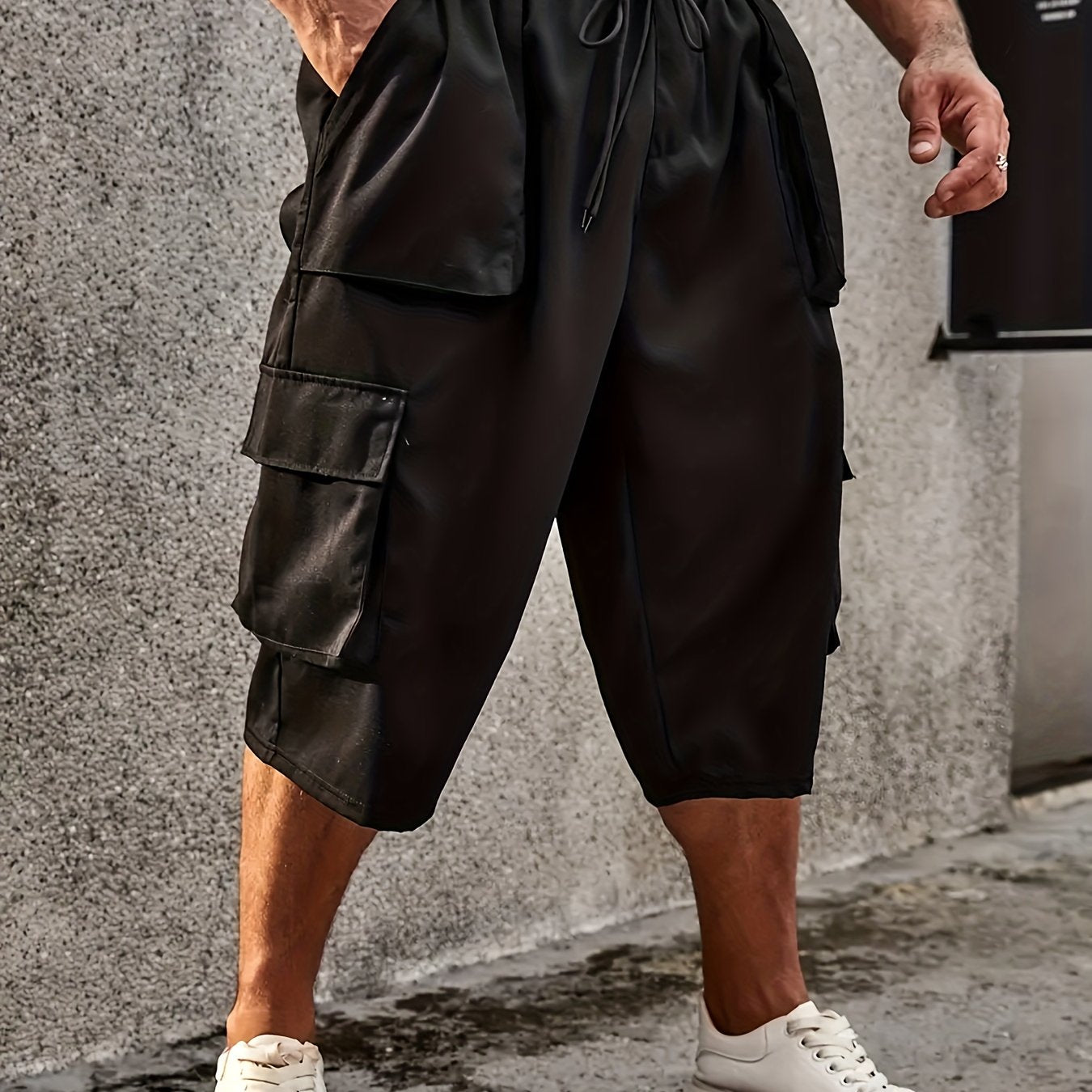 Plus Size Mens Large Casual Cargo Pants - Drawstring Waist, Loose Fit, Comfy Breathable Polyester Fabric, Multiple Pockets, Machine Washable, Solid Color, Perfect for Basketball and Everyday Wear