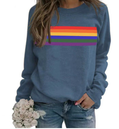Color Striped Print Round Neck Pullover Long Sleeve Sweater 