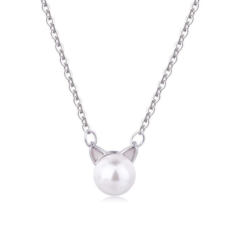 Sweet And Lovely Pearl Cat Ears Plated Platinum Short Necklace Temperament Kitten Clavicle Chain