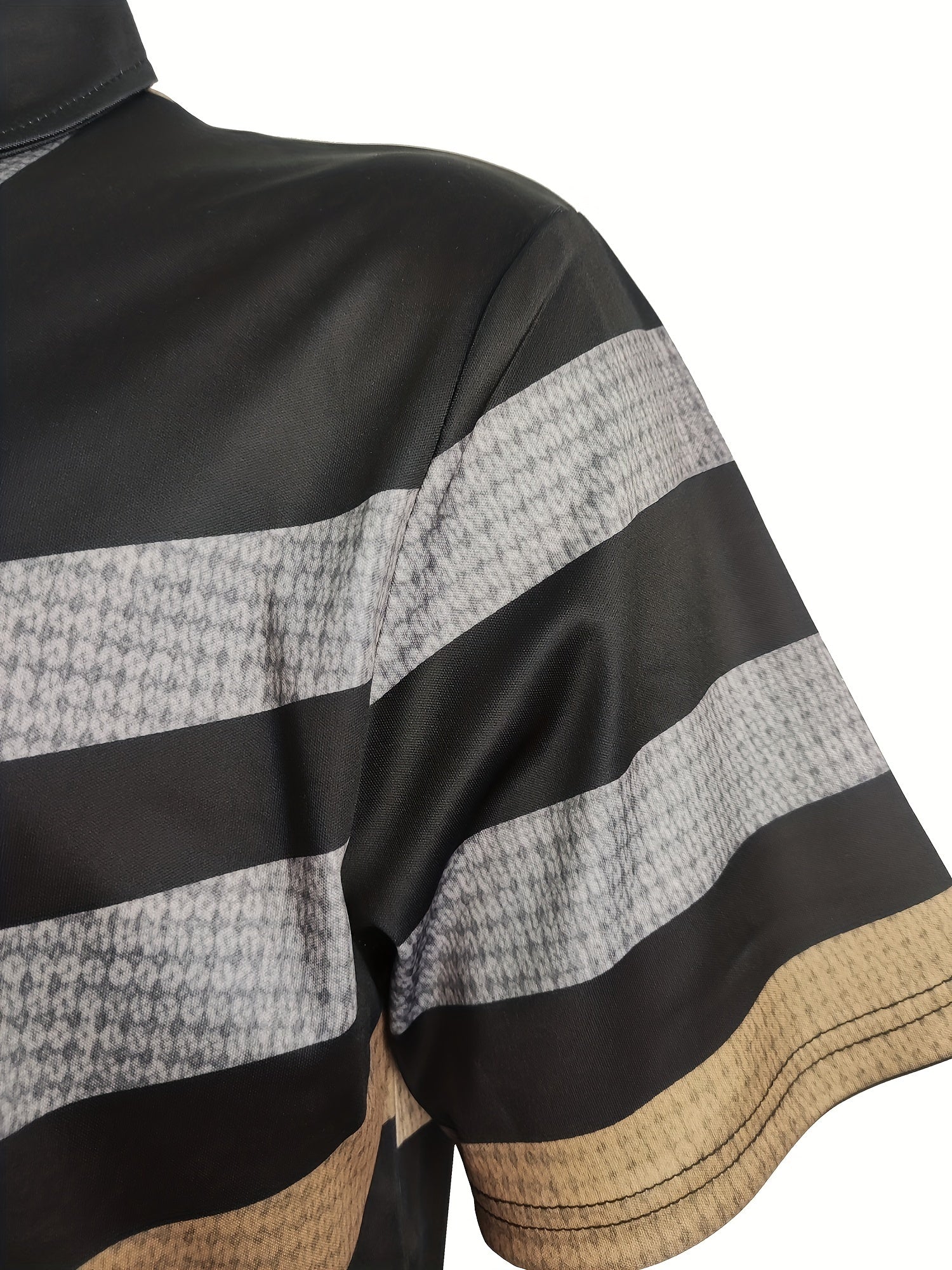 1/4 Button Short Sleeve Lapel Shirt - Stretchy, Breathable, Striped Polyester Fabric for Mens Fitness Training and Casual Wear - Spring/Fall Season, Regular Fit, Knit Fabric