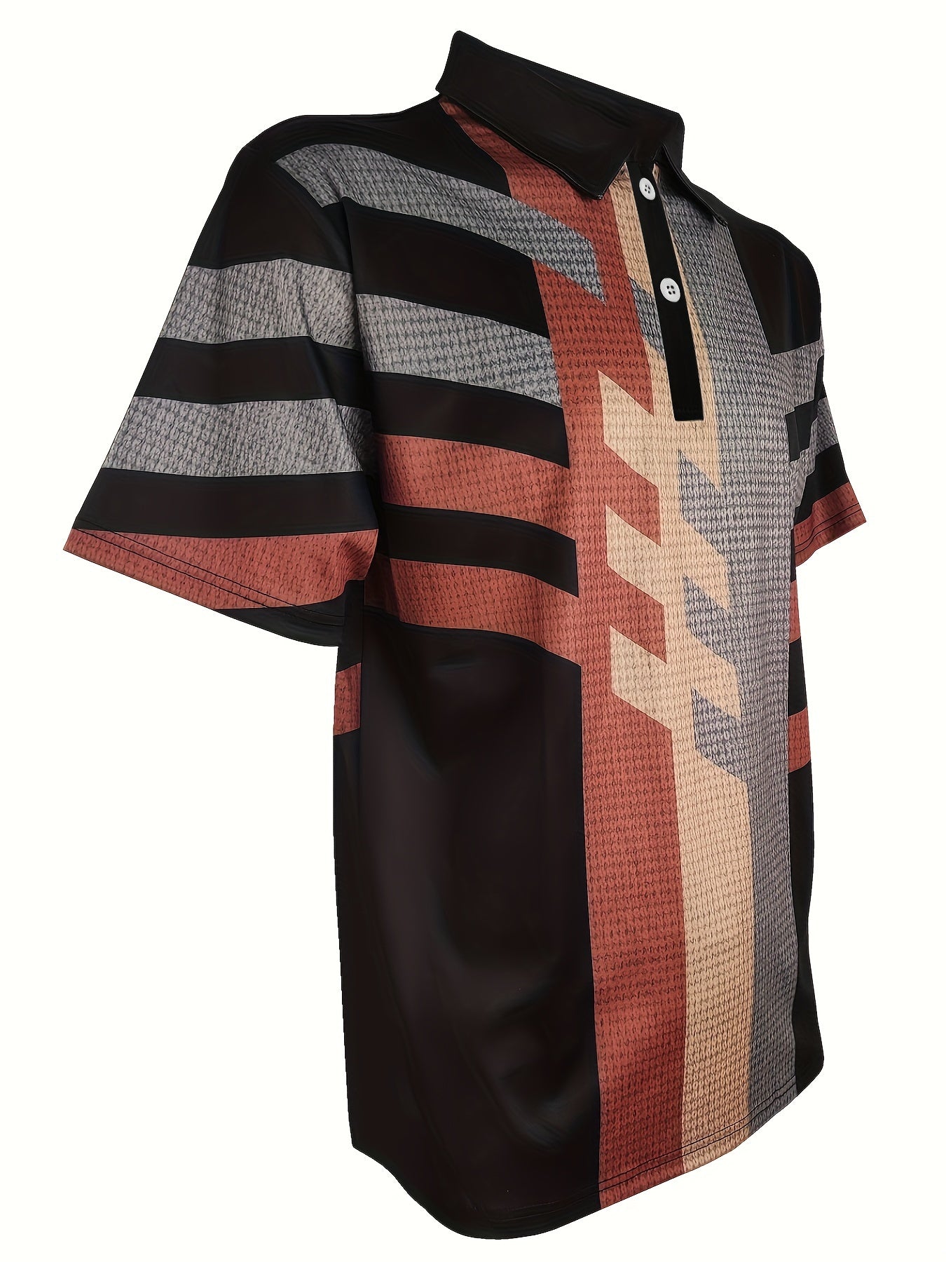 1/4 Button Short Sleeve Lapel Shirt - Stretchy, Breathable, Striped Polyester Fabric for Mens Fitness Training and Casual Wear - Spring/Fall Season, Regular Fit, Knit Fabric