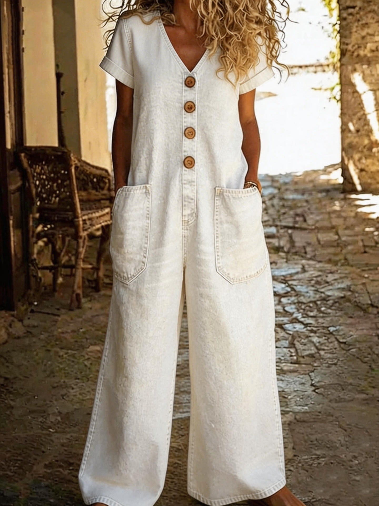 Womens Retro Summer Cotton-Linen Button-Pocket Comfortable Short-Sleeve Casual