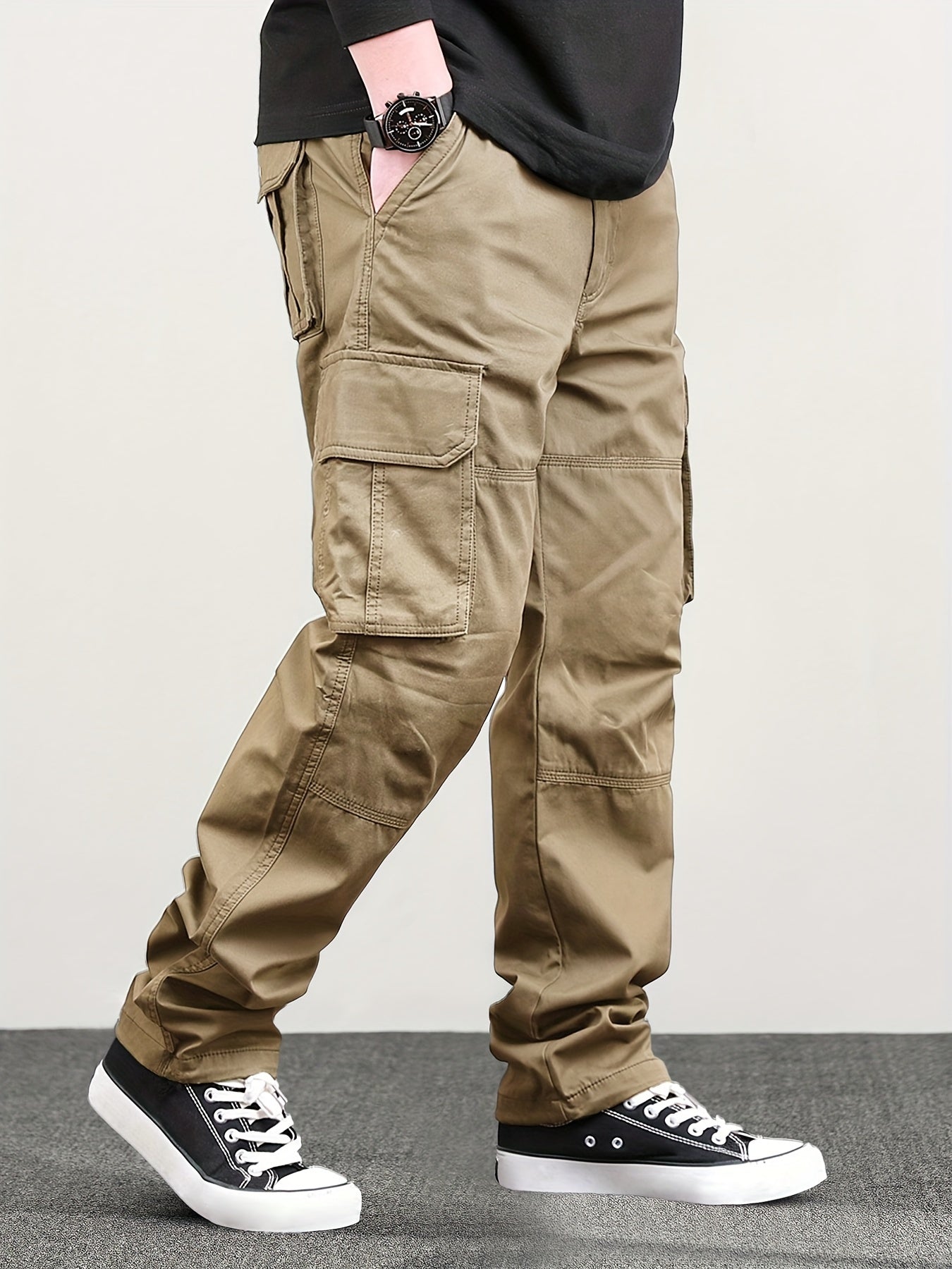 Mens Classic Solid Color Cargo Pants - Multiple Flap Pockets, Straight-Leg, Drawstring Elastic Waist, Loose Fit for Ultimate Comfort - Perfect for Hiking, Fishing, Streetwear, Outdoor Camping, Weekend Casual Style, All-Season