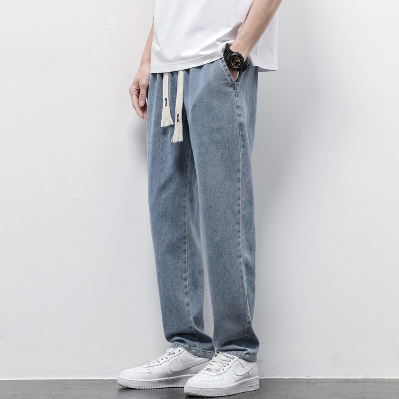 Summer Loose Wide Leg Jeans Pants Men Fashion Drawstring Elasticated Straight Trousers 