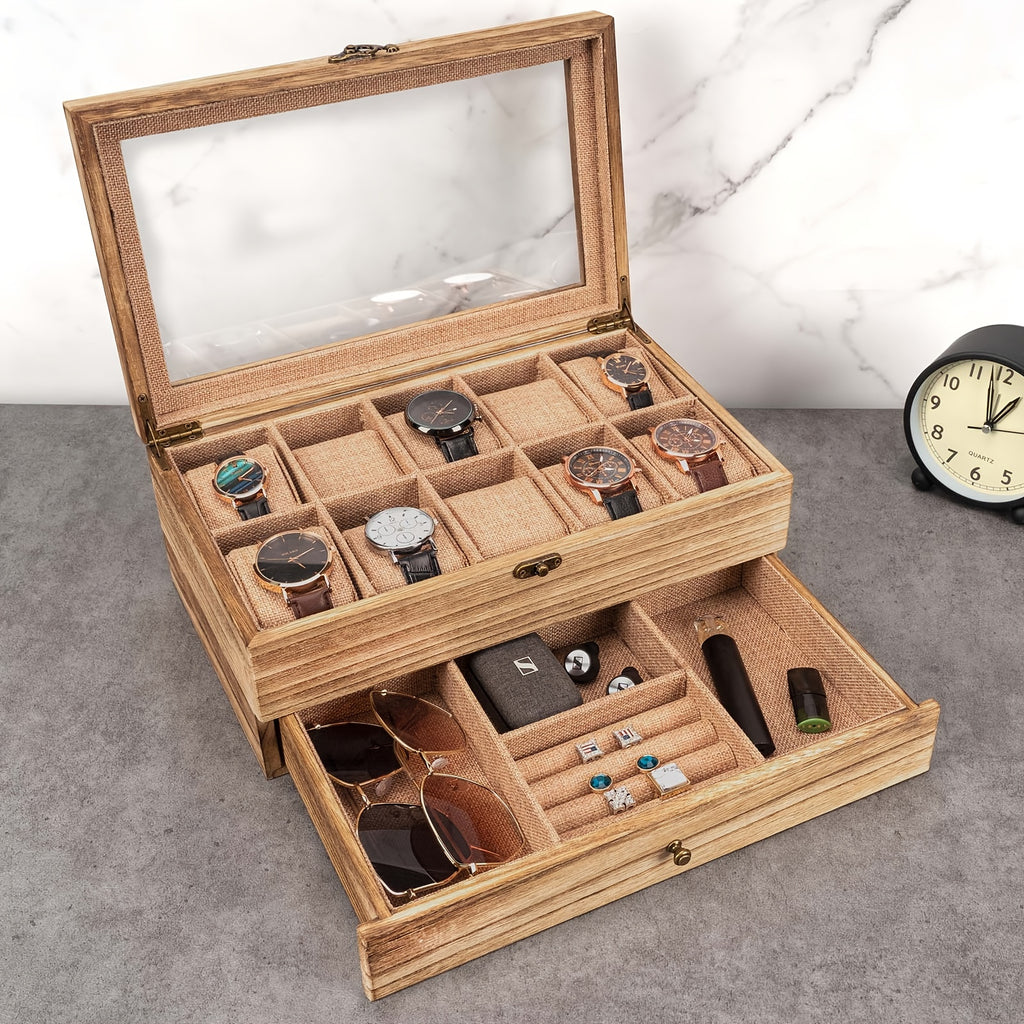 10-Slot Rustic Brown Wooden Watch Box - Large Capacity Watch Case for Men and Women, Display Organizer with Soft Velvet Interior, Perfect Gift for Boyfriend, Fathers Day, Birthday, and Anniversary
