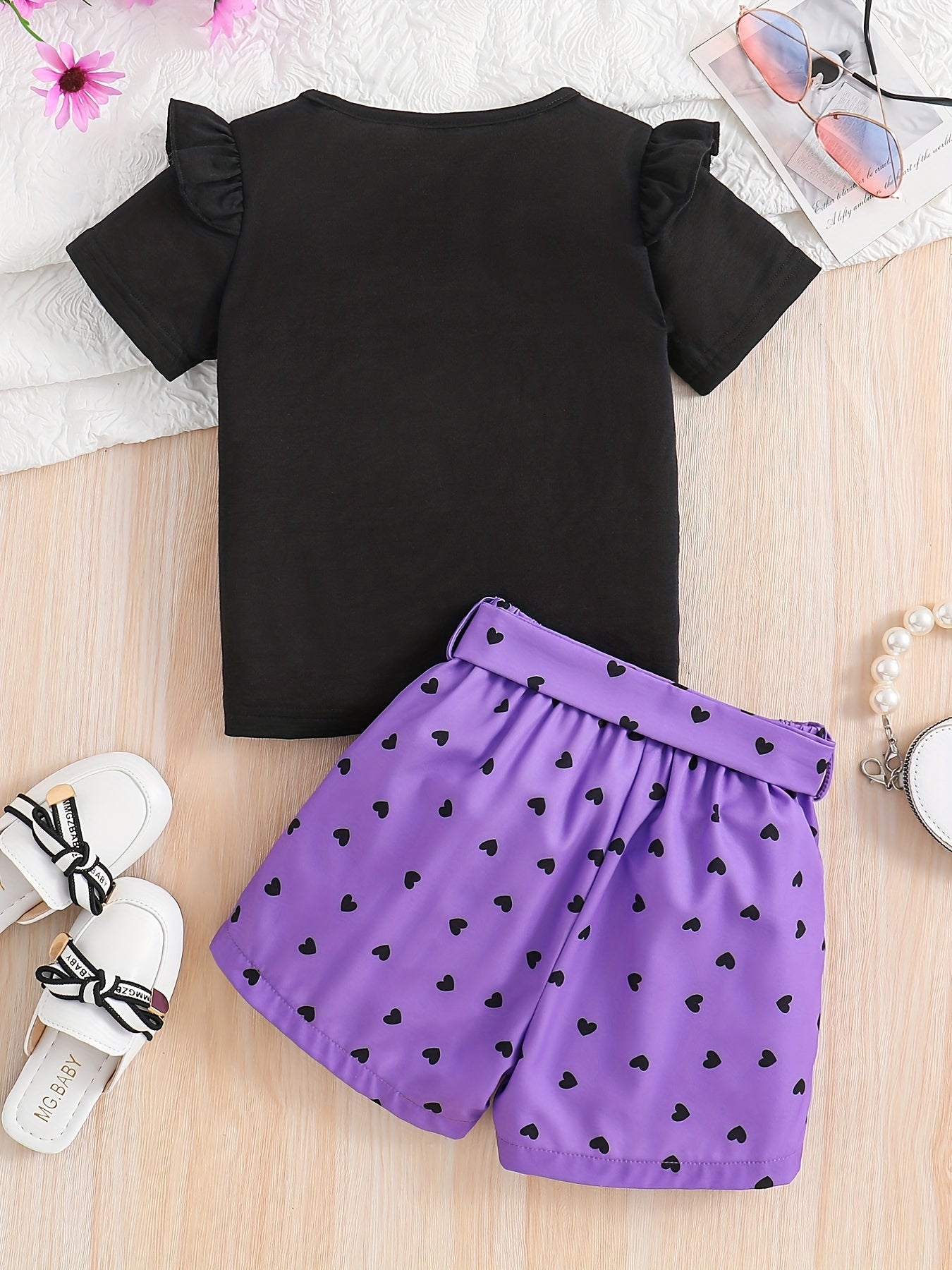 2pcs Toddler Girls Cute Cartoon Bow Cat Graphic Ruffle Trim T-Shirts Casual Round Neck Tees Top & Heart Graphic Belted Shorts Set Kids Summer Clothes
