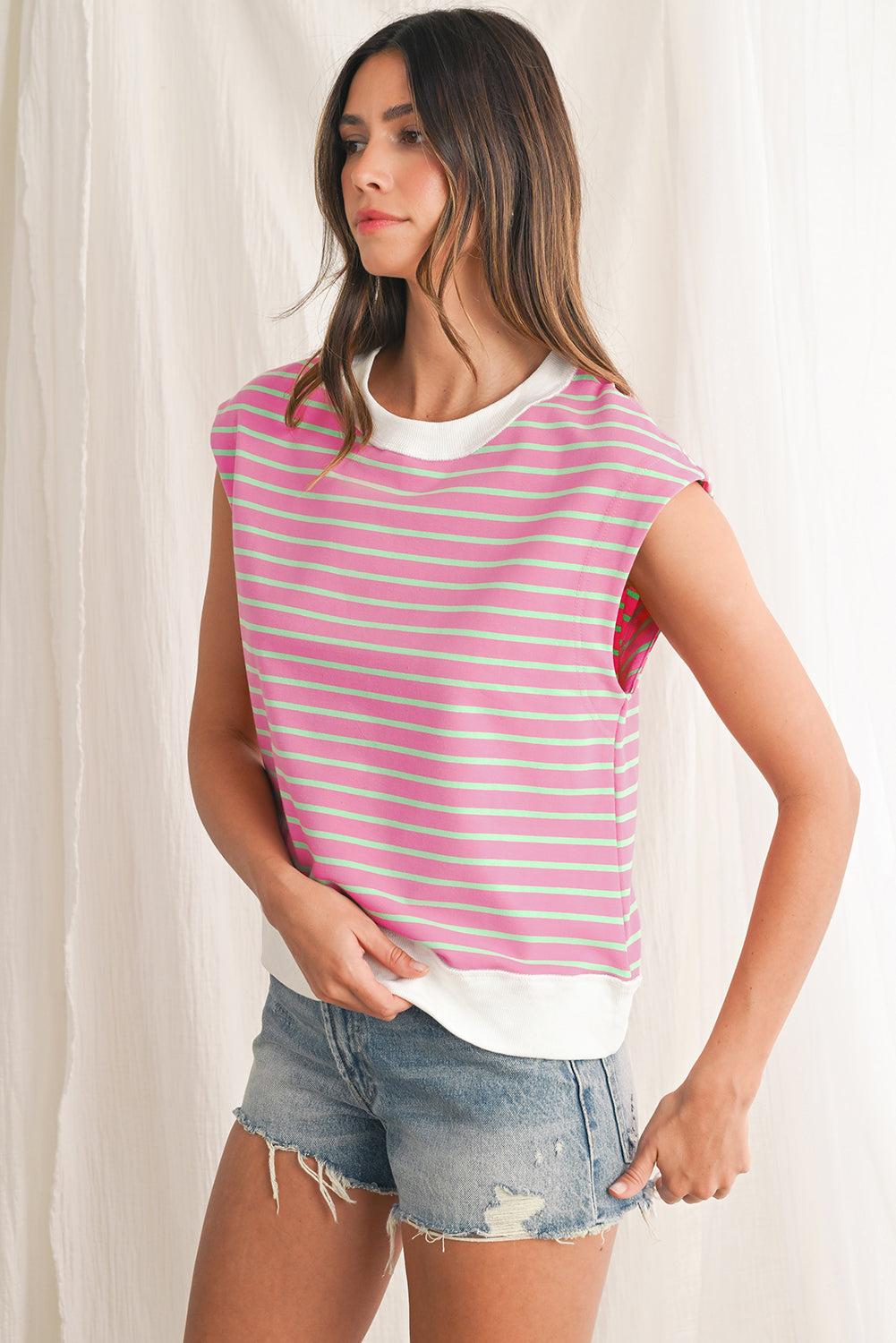 Sachet Pink Striped Contrast Trim Top 