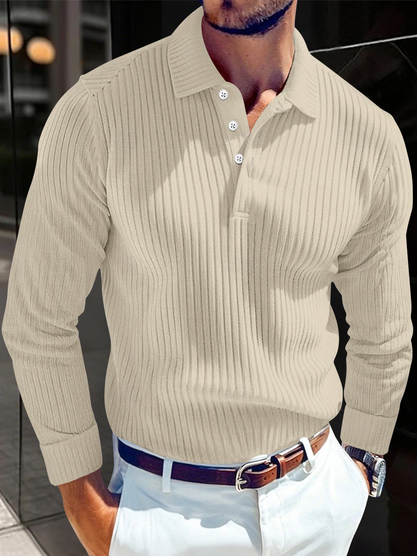 Men's Polo T-shirt With A Turn-down Collar Spring Summer Business Buttoned Long-sleeve Sports Retro Style Striped Polo Shirt For Daily Wear