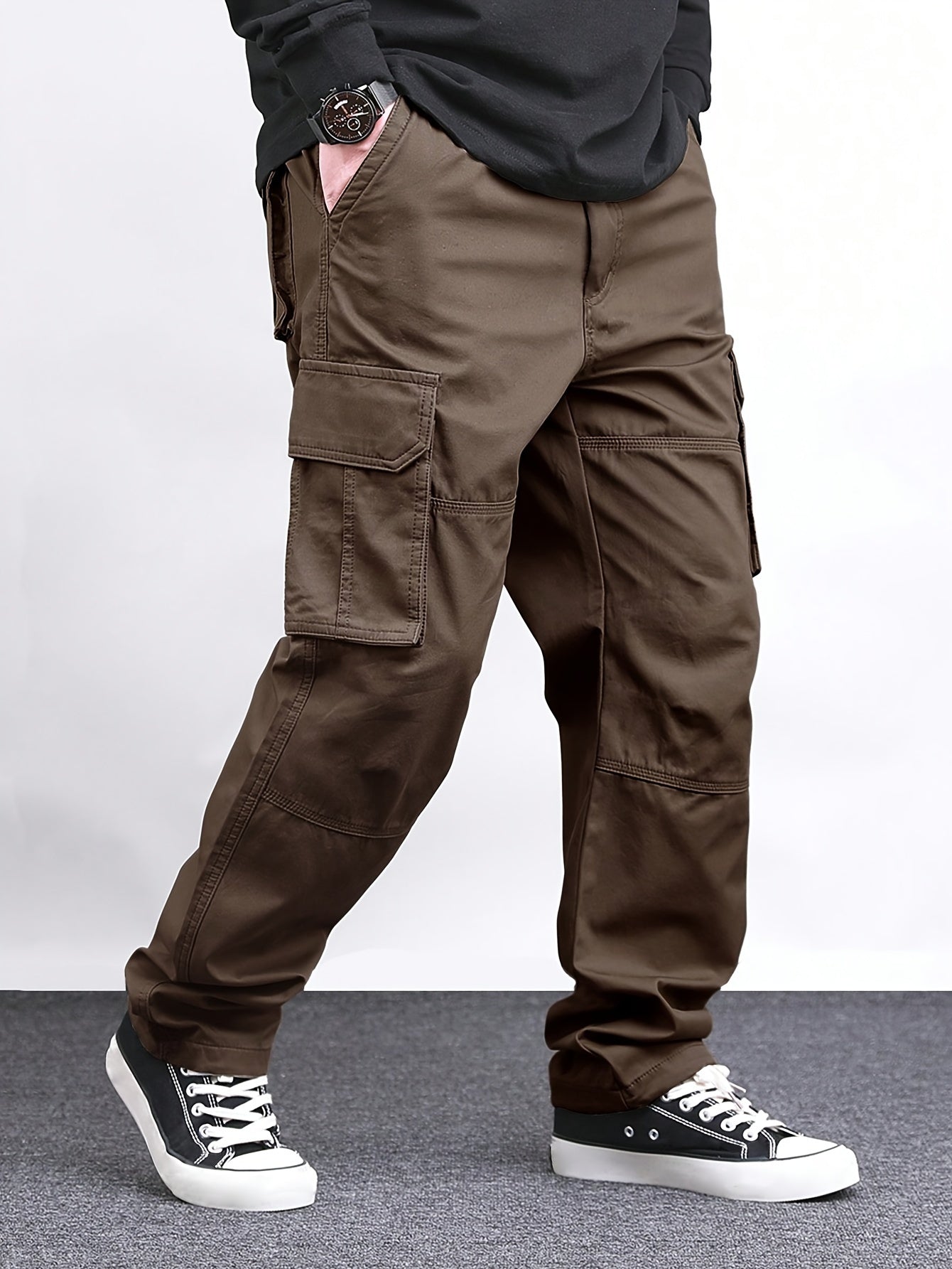 Mens Classic Solid Color Cargo Pants - Multiple Flap Pockets, Straight-Leg, Drawstring Elastic Waist, Loose Fit for Ultimate Comfort - Perfect for Hiking, Fishing, Streetwear, Outdoor Camping, Weekend Casual Style, All-Season