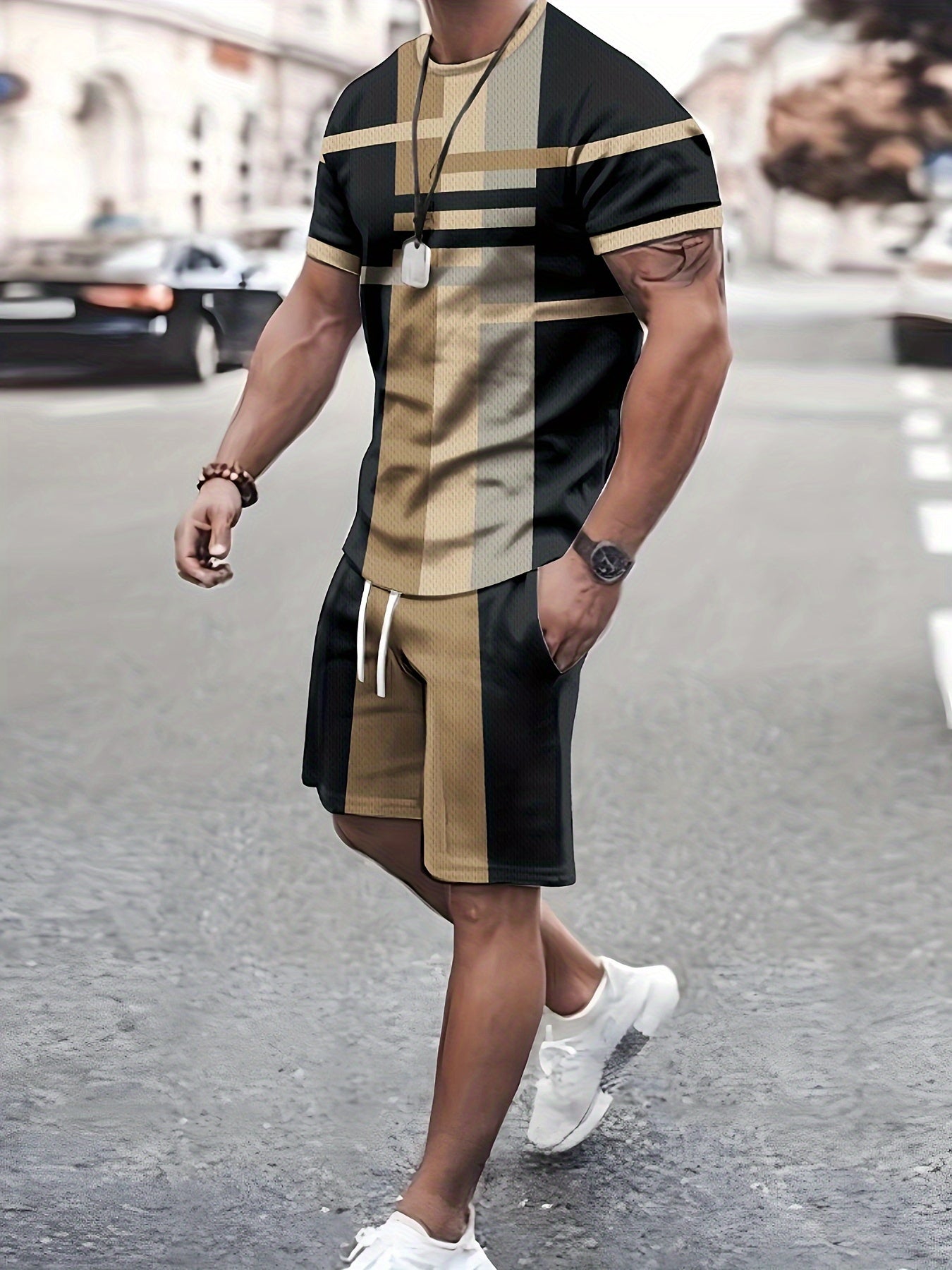 2-Piece Mens Casual Co-ord Set - Color Block Pattern Crew Neck Short Sleeve T-Shirt and Drawstring Shorts with Pockets - Machine Washable, Slight Stretch, Trendy and Chic for Summer Street and Workout Wear