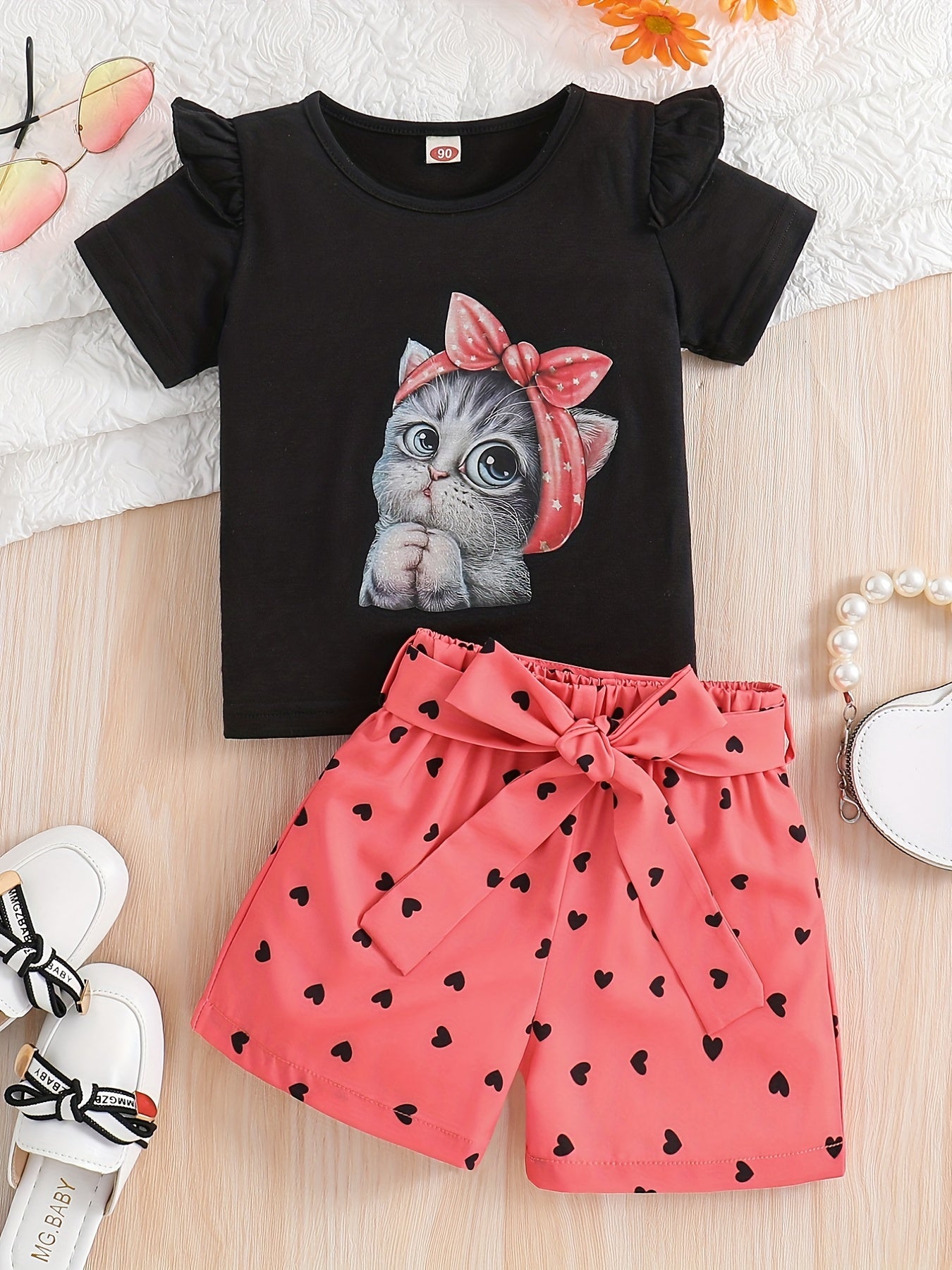 2pcs Toddler Girls Cute Cartoon Bow Cat Graphic Ruffle Trim T-Shirts Casual Round Neck Tees Top & Heart Graphic Belted Shorts Set Kids Summer Clothes