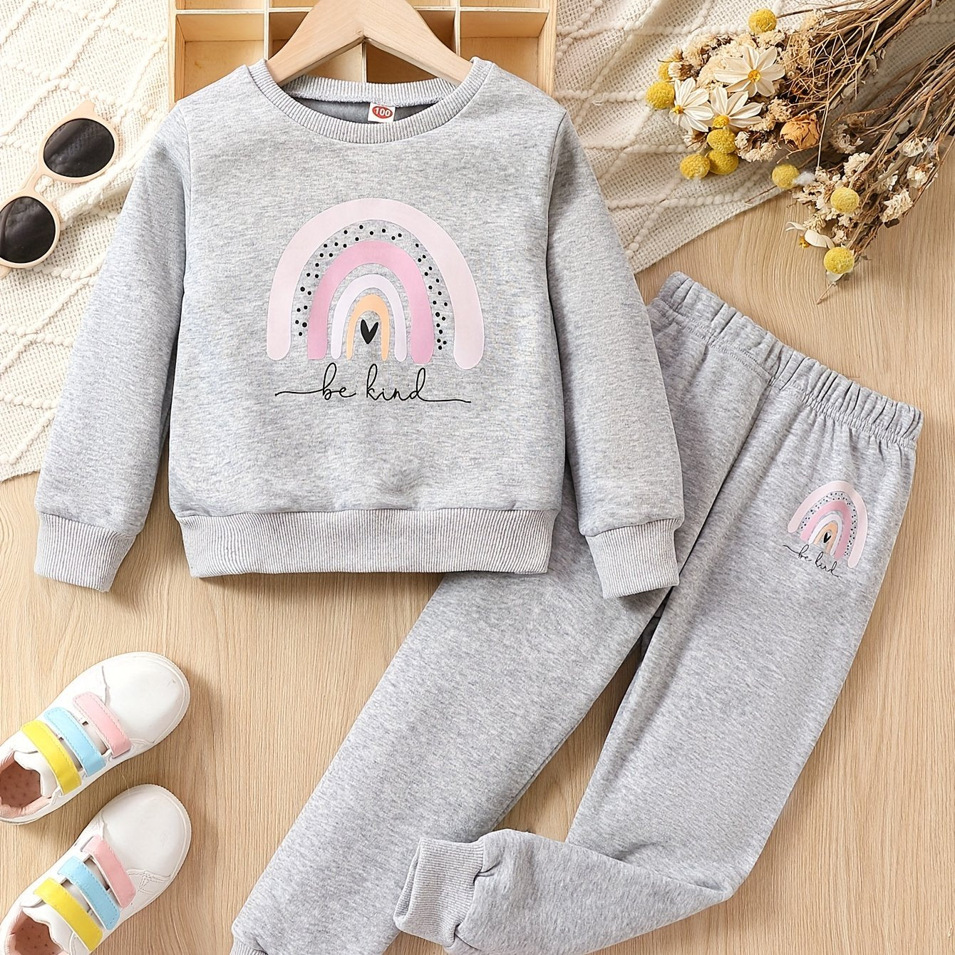 Girls 2pcs "Be Kind" And Rainbow Print Top & Jogger Pants Set, Thick Outfits Kids Clothes For Sports Spring Fall Winter