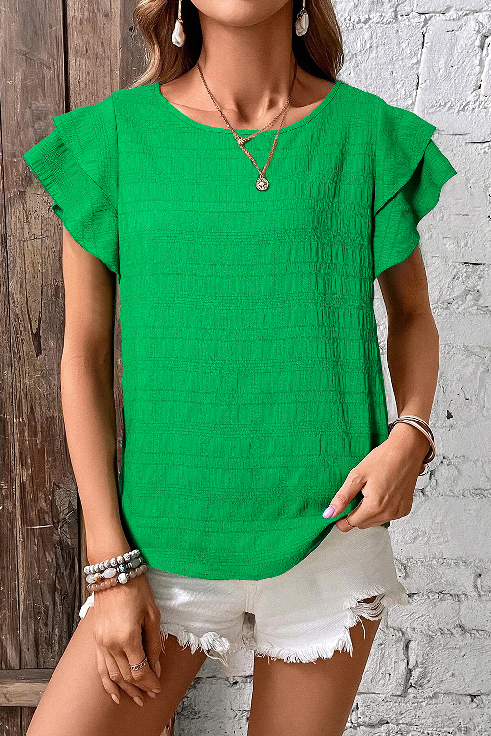 Dark Green Ruffle Sleeve Textured Smocked Blouse 