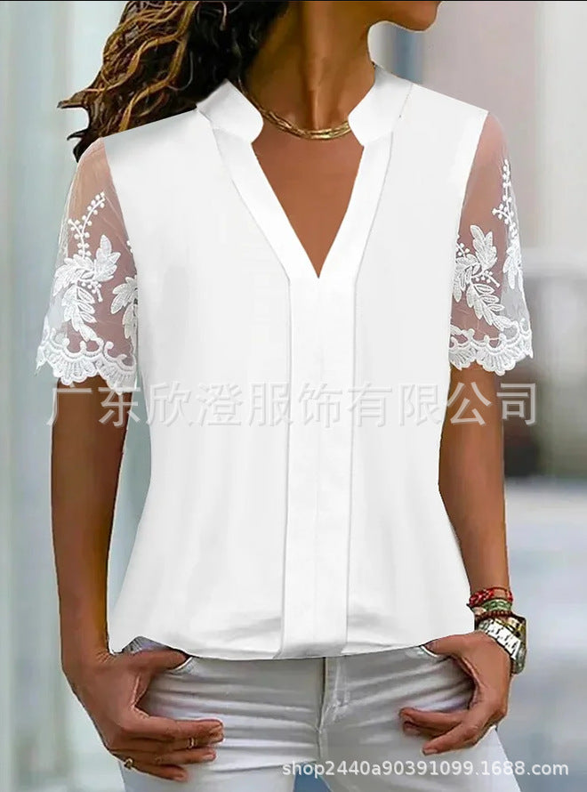 Womens Casual White V-Neck Lace Short-Sleeve Top 