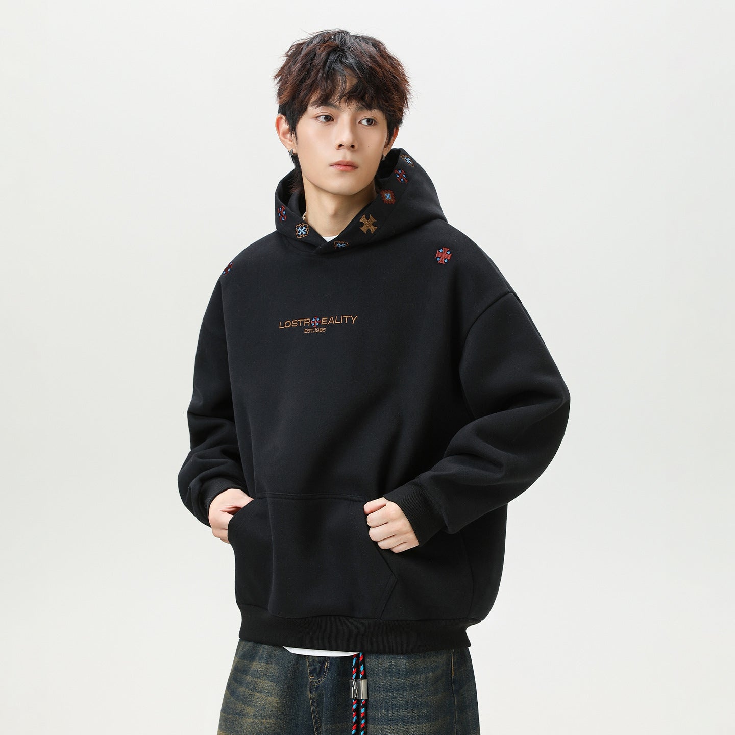 INS Ethnic-style Textured Embroidery Heavyweight Hooded Sweatshirt 
