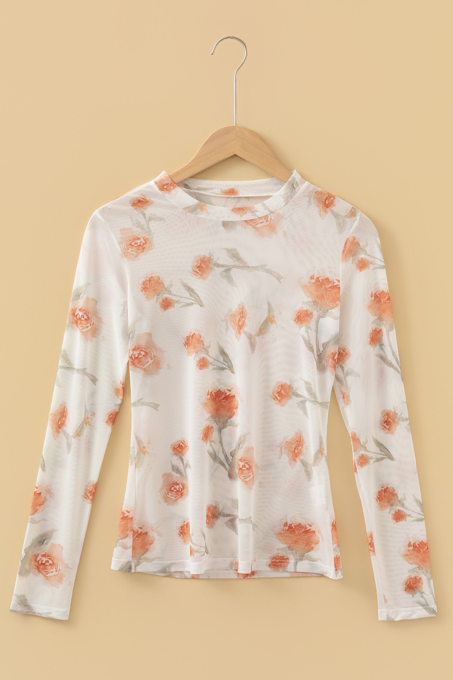 Casual Round Neck Floral Print Mesh Long Sleeve Top 