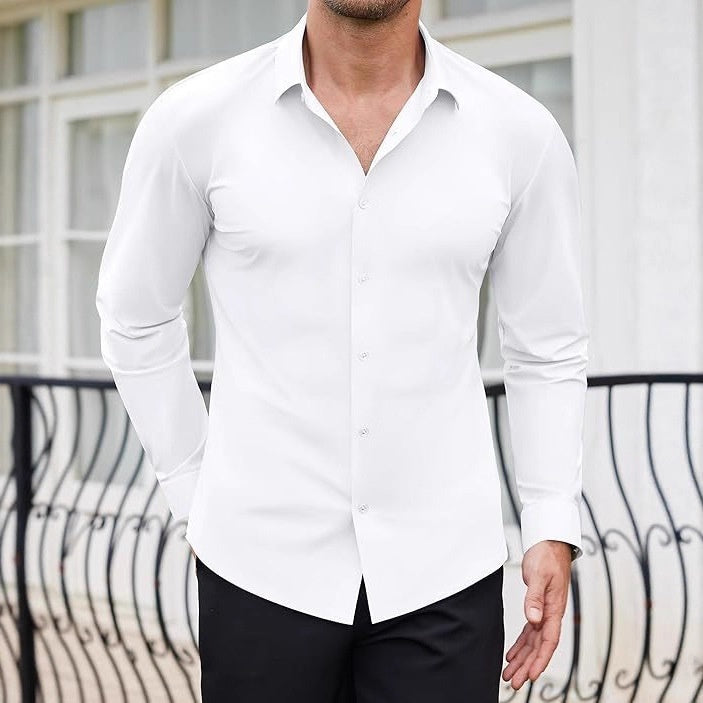 High-elasticity Mens Seamless Wrinkle-free Ice-silk Long-sleeve Shirt 