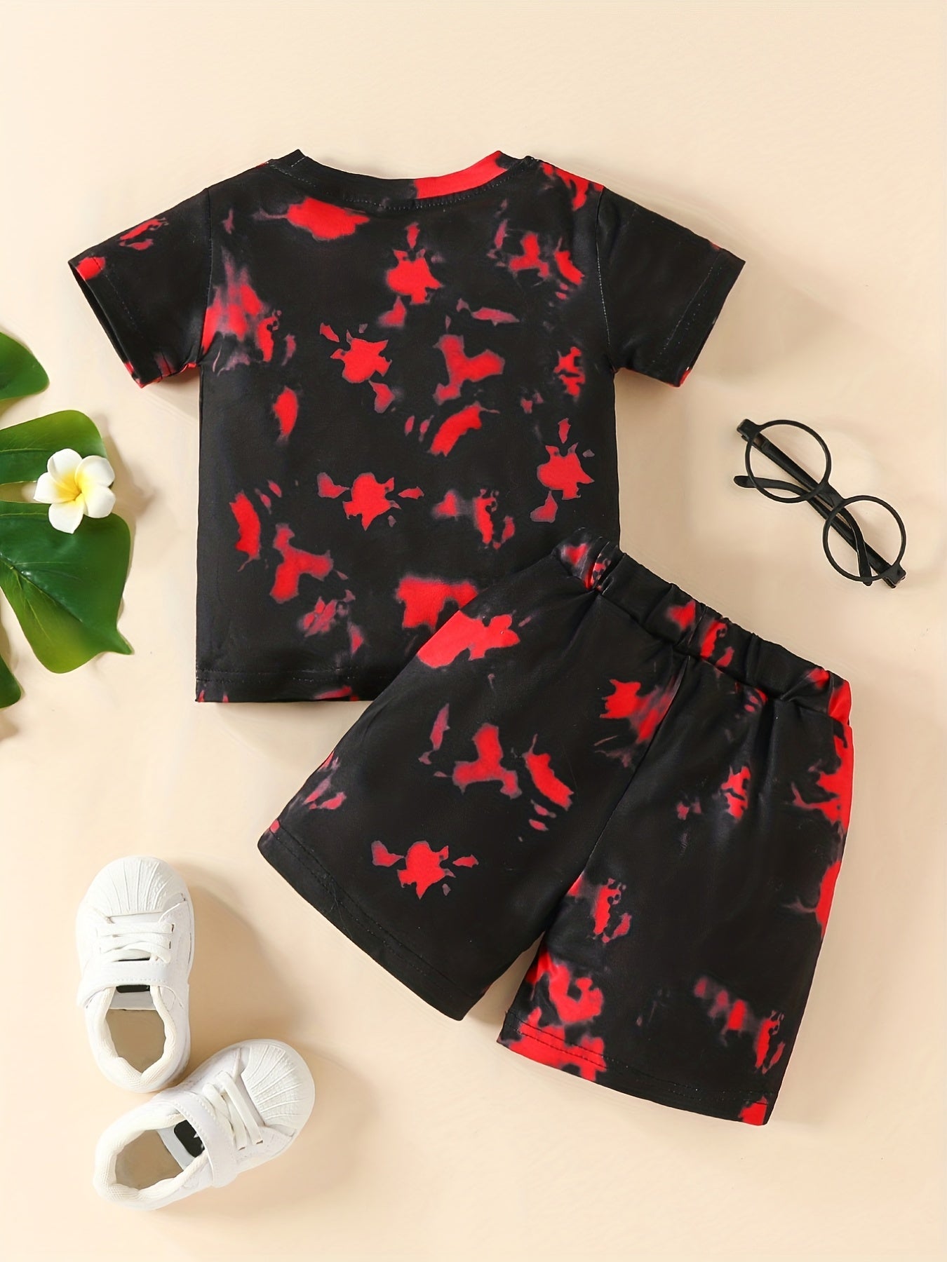 2pcs Boys And Girls Chic Tie Dye Round Neck T-shirt & Shorts Outdoor Set, Babies Toddlers Stretchy Comfy Trendy outdoor clothes