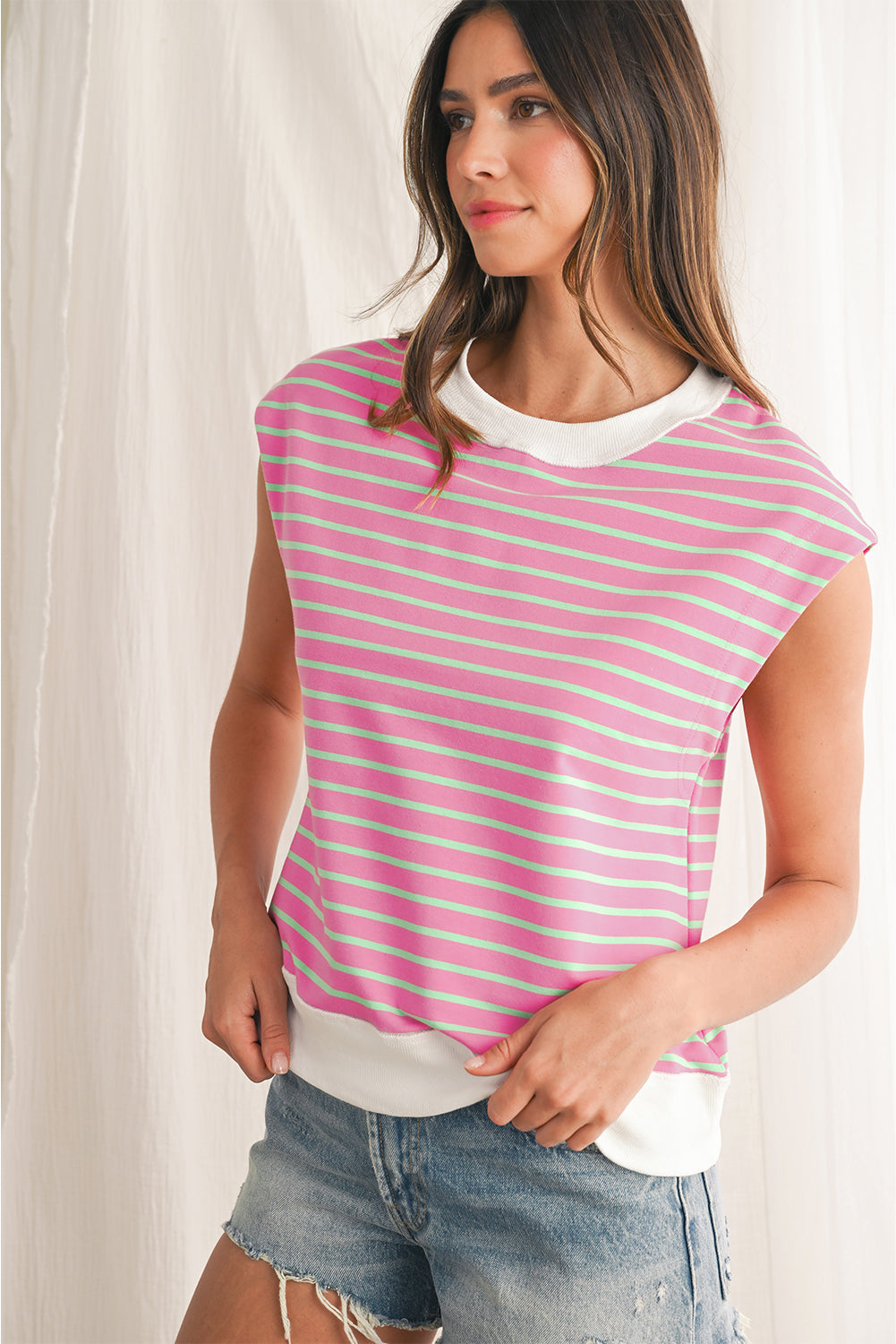 Sachet Pink Striped Contrast Trim Top 