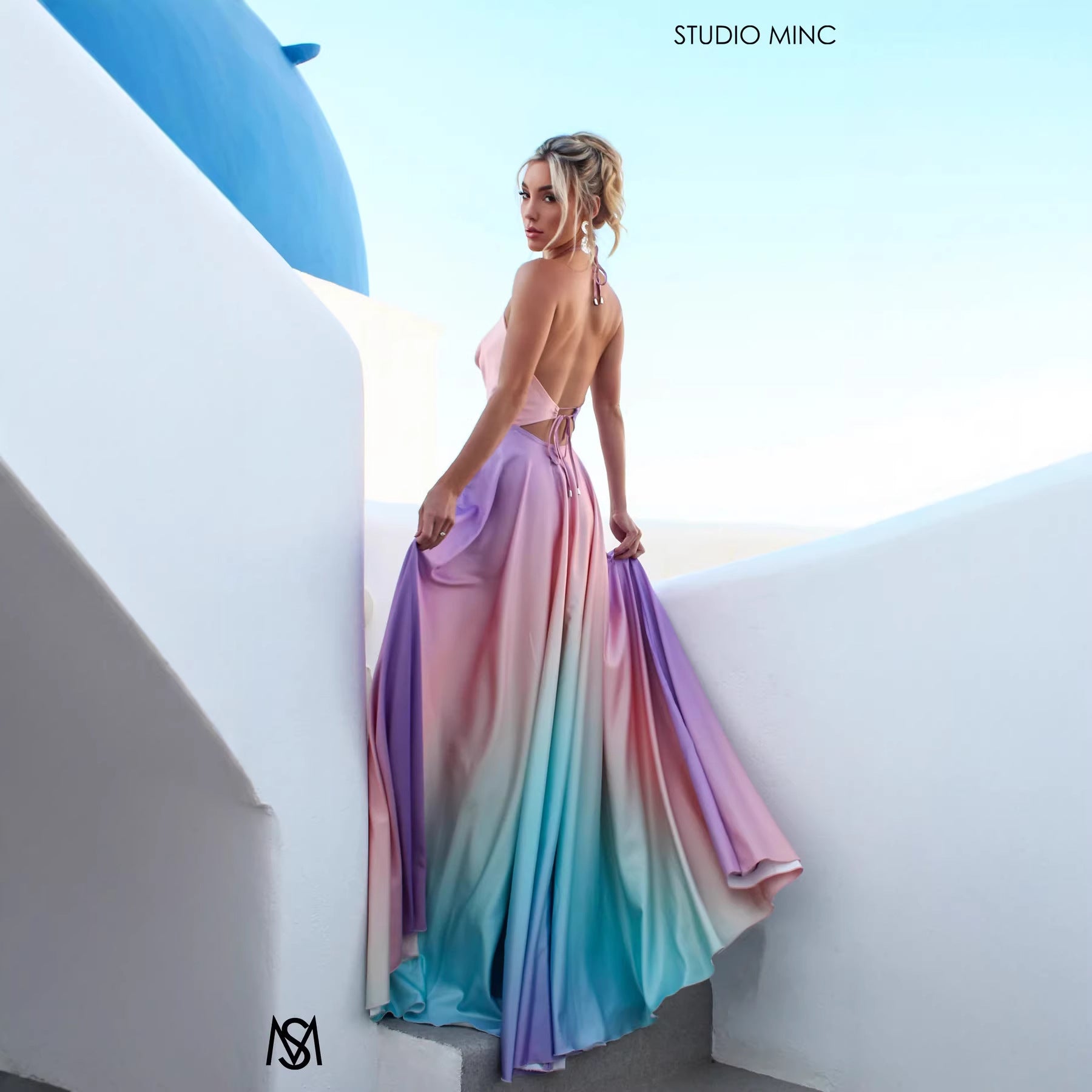 Womens Flared Defined-Waist Gradient-Dye Dress 