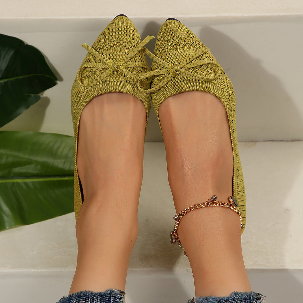 Bow Knitted Loafers Ins Fashion Pointed-toed Flats Shoes For Women 