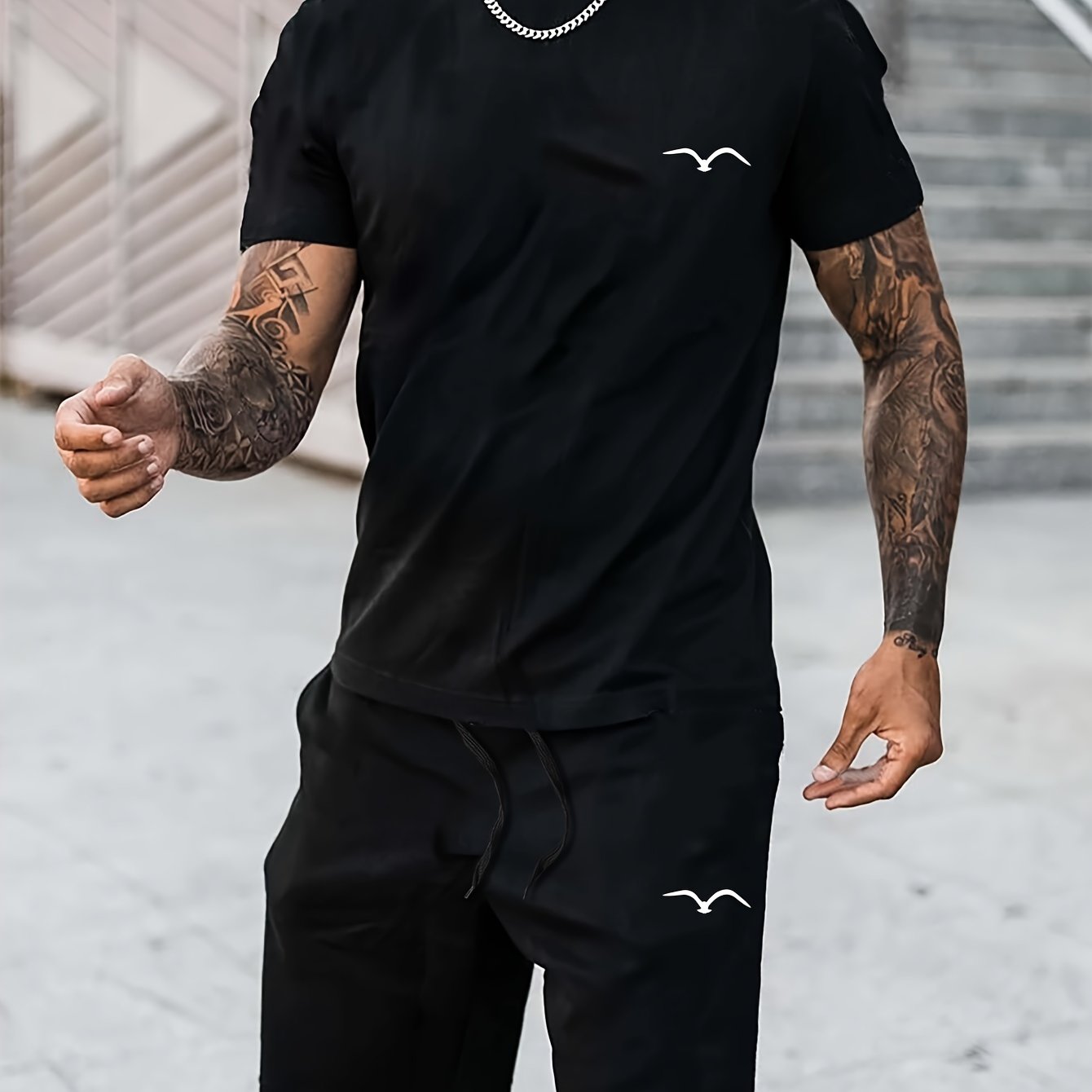 2Pcs Mens Seagull Print Loungewear Set - Fashionable Casual Crew Neck T-Shirt & Drawstring Shorts for Summer - Comfortable Short Sleeve Outfit for Lounging, Vacation, and Workout