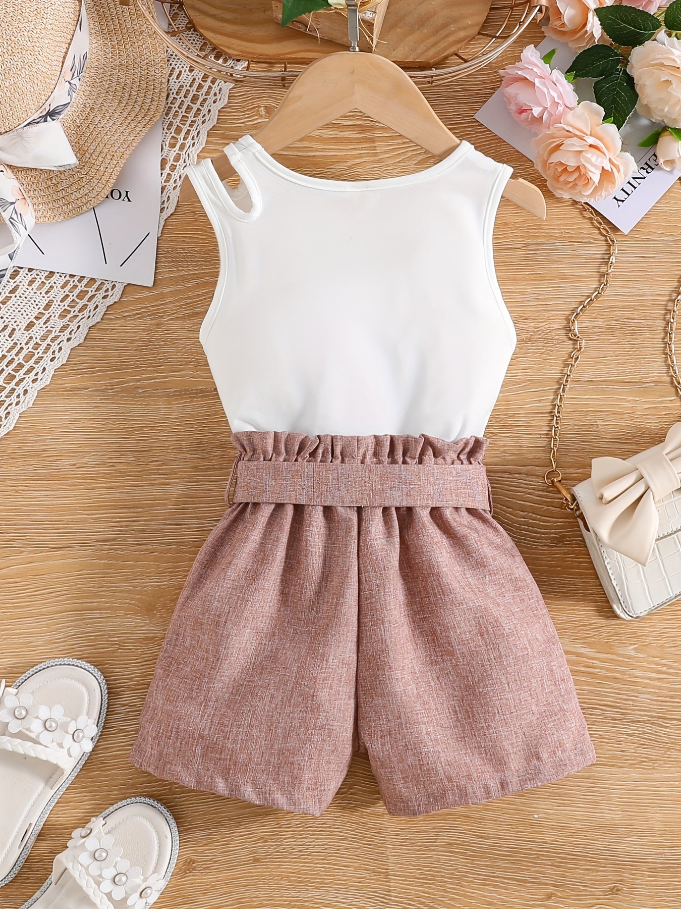 2pcs Toddler Girls Letter "Smile" And Heart Graphic Cut Out Tank Top & Paperbag Waist Belted Shorts Set Kids Summer Clothes