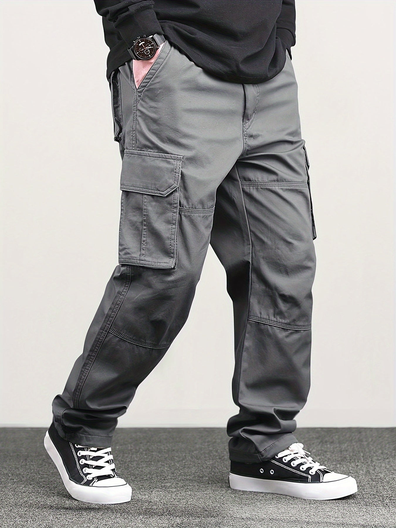 Mens Classic Solid Color Cargo Pants - Multiple Flap Pockets, Straight-Leg, Drawstring Elastic Waist, Loose Fit for Ultimate Comfort - Perfect for Hiking, Fishing, Streetwear, Outdoor Camping, Weekend Casual Style, All-Season