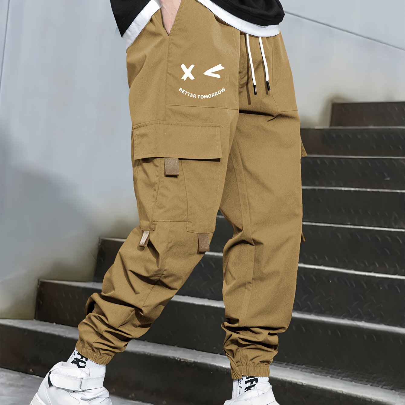 Mens Fashion-Forward Solid Cargo Pants - Abundant Flap Pockets, Loose Fit Drawstring Trousers - Durable Outdoor Work to Streetwear Hip Hop Style